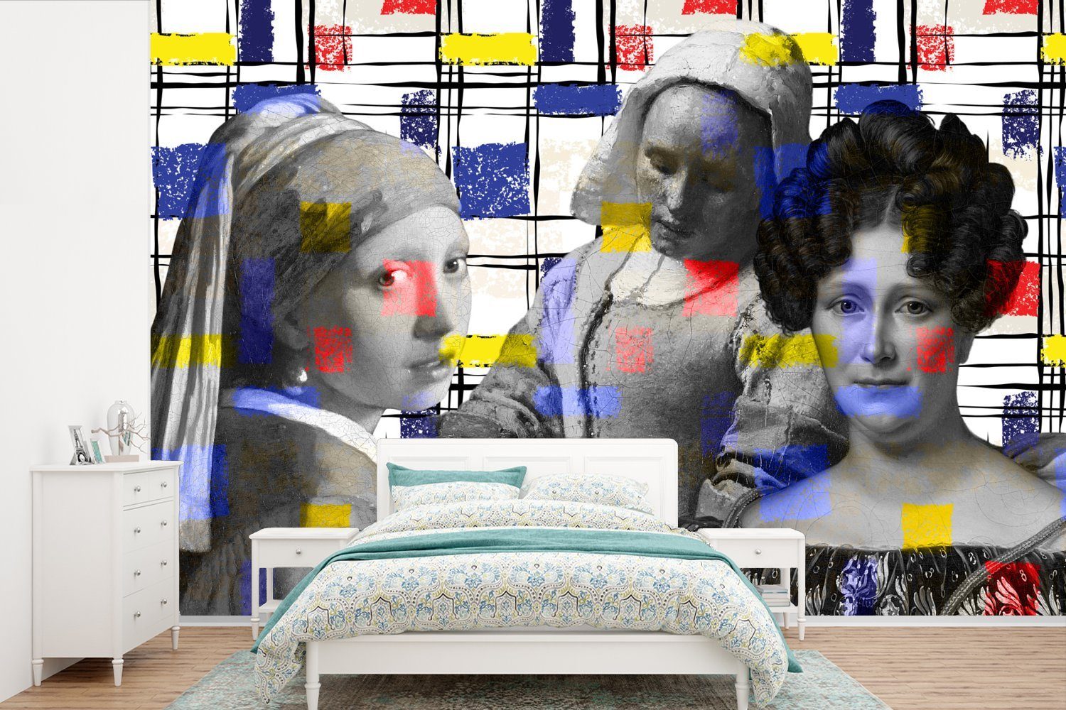 MuchoWow Fototapete Collage - Mondrian - Gemälde, Matt, bedruckt, (6 St), Wallpaper für Wohnzimmer, Schlafzimmer, Kinderzimmer, Vinyl Tapete