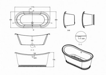 Casa Padrino Badewanne Badewanne freistehend 1800mm BAdm180 - Freistehende Retro Antik Badewanne