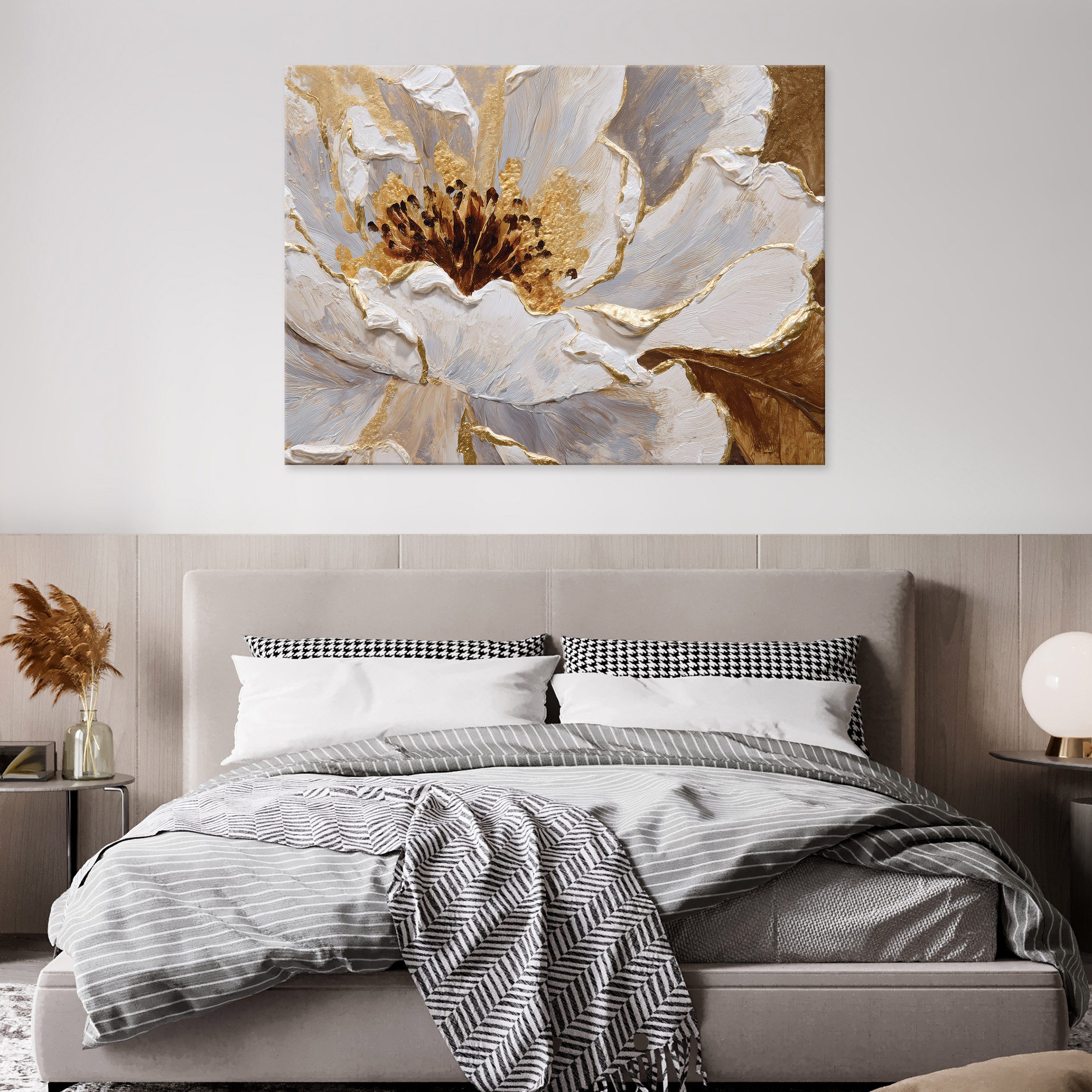Wallarena Leinwandbild Weiß Blume Gold Aquarell Modern Wandbilder Wand Deko XXL Bilder, Blume (groß Bilder Wohnzimmer Schlafzimmer Einteilig, 1 St), Bilder Klein Wohnzimmer Schlafzimmer Küche Wandbild Wand Deko 40x30