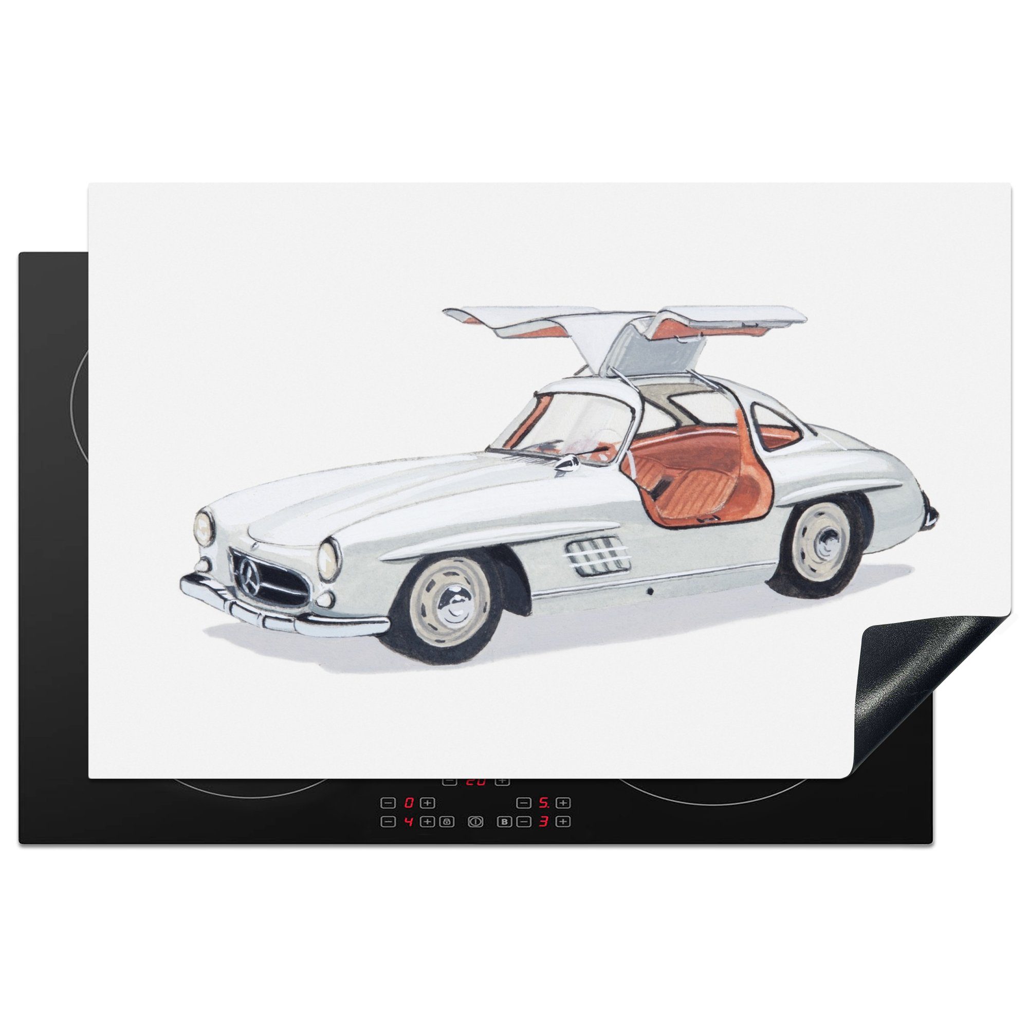 MuchoWow Herdblende-/Abdeckplatte Illustration eines alten Mercedes Flügeltür-Sportwagens aus den 1950er, Vinyl, (1 tlg), 81x52 cm, Induktionskochfeld Schutz für die küche, Ceranfeldabdeckung