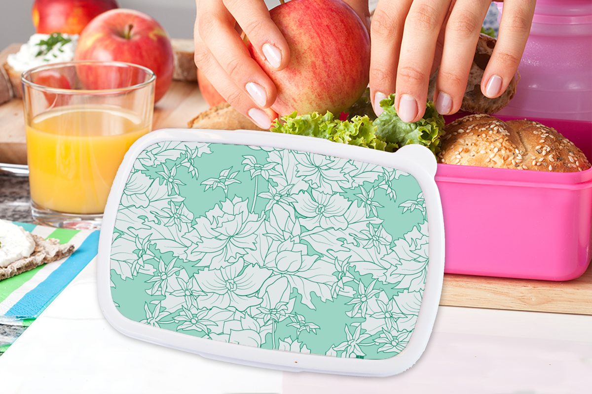 Mädchen, rosa Brotbox Muster für Lunchbox Erwachsene, Brotdose (2-tlg), - Kunststoff Vintage - MuchoWow Kunststoff, Blumen, Snackbox, Kinder,