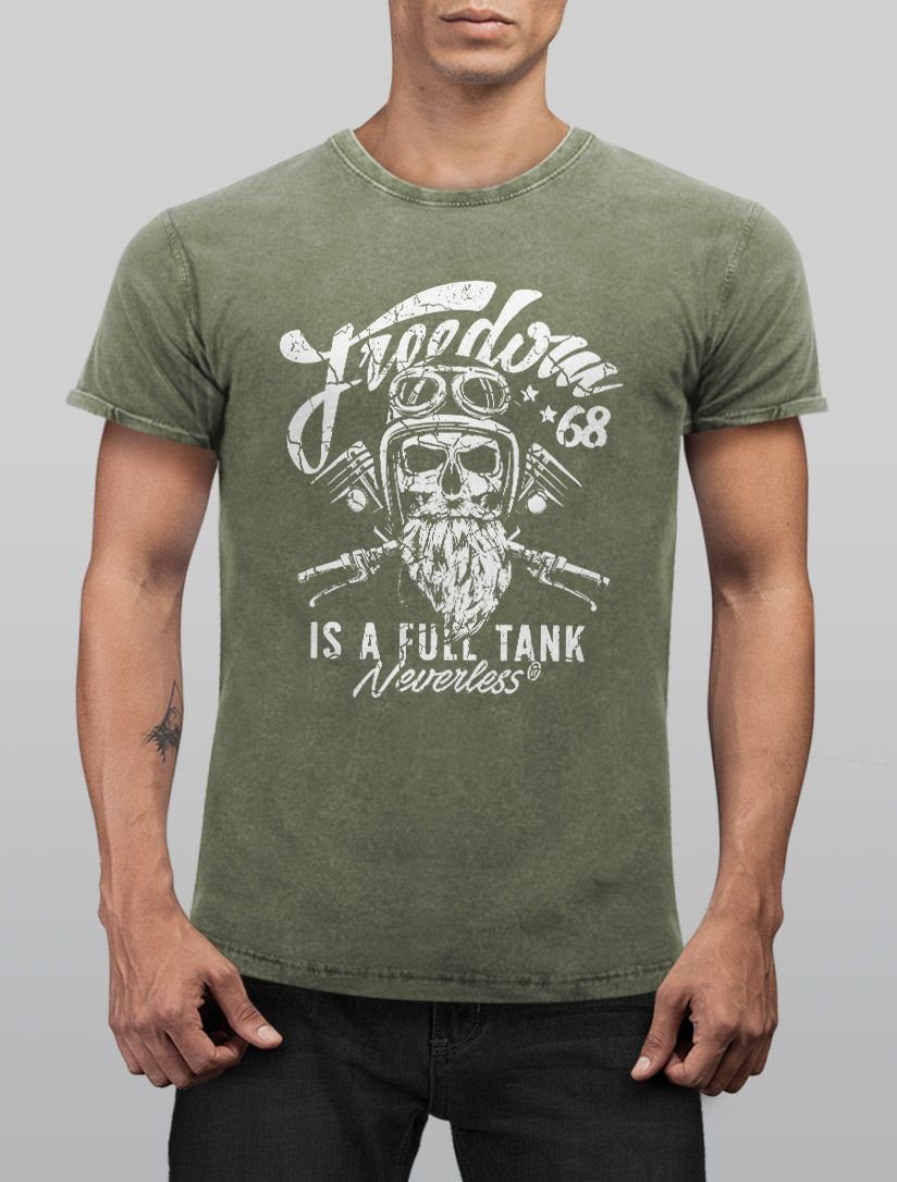 Aufdruck Vintage Spruch Biker Totenkopf Slim Look mit Herren Cooles oliv Shirt Angesagtes Print T-Shirt Print-Shirt Fit Used Neverless Neverless® Motiv