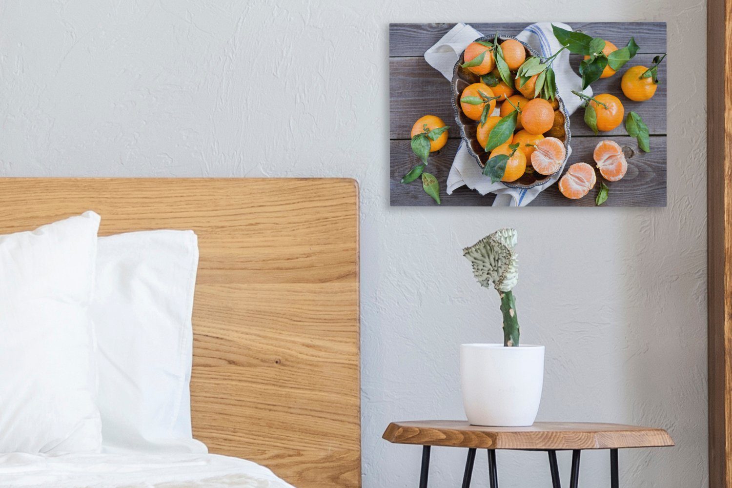 OneMillionCanvasses® Leinwandbild Mandarinen auf einem Wandbild (1 cm Holztisch, Aufhängefertig, Leinwandbilder, Wanddeko, 30x20 St)