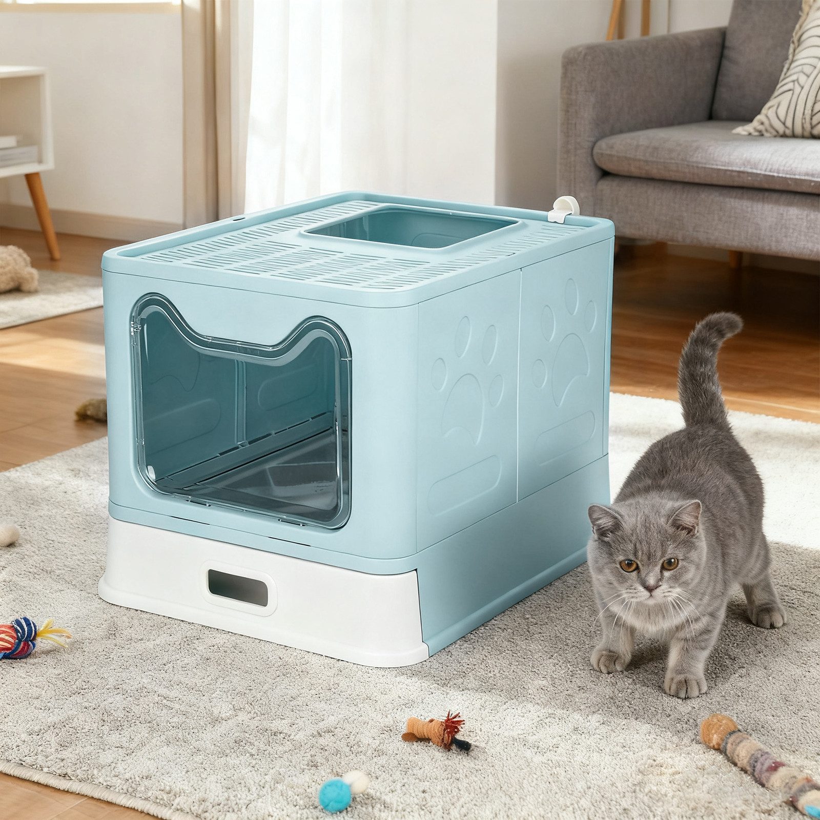 JEOBEST Katzentoilette Geschlossenes Katzenklo mit Dach, Rostfreier Edelstahl-Schublade, Anti-Streu-Design, Katzenklo-Schaufel, für Katzen bis 15kg