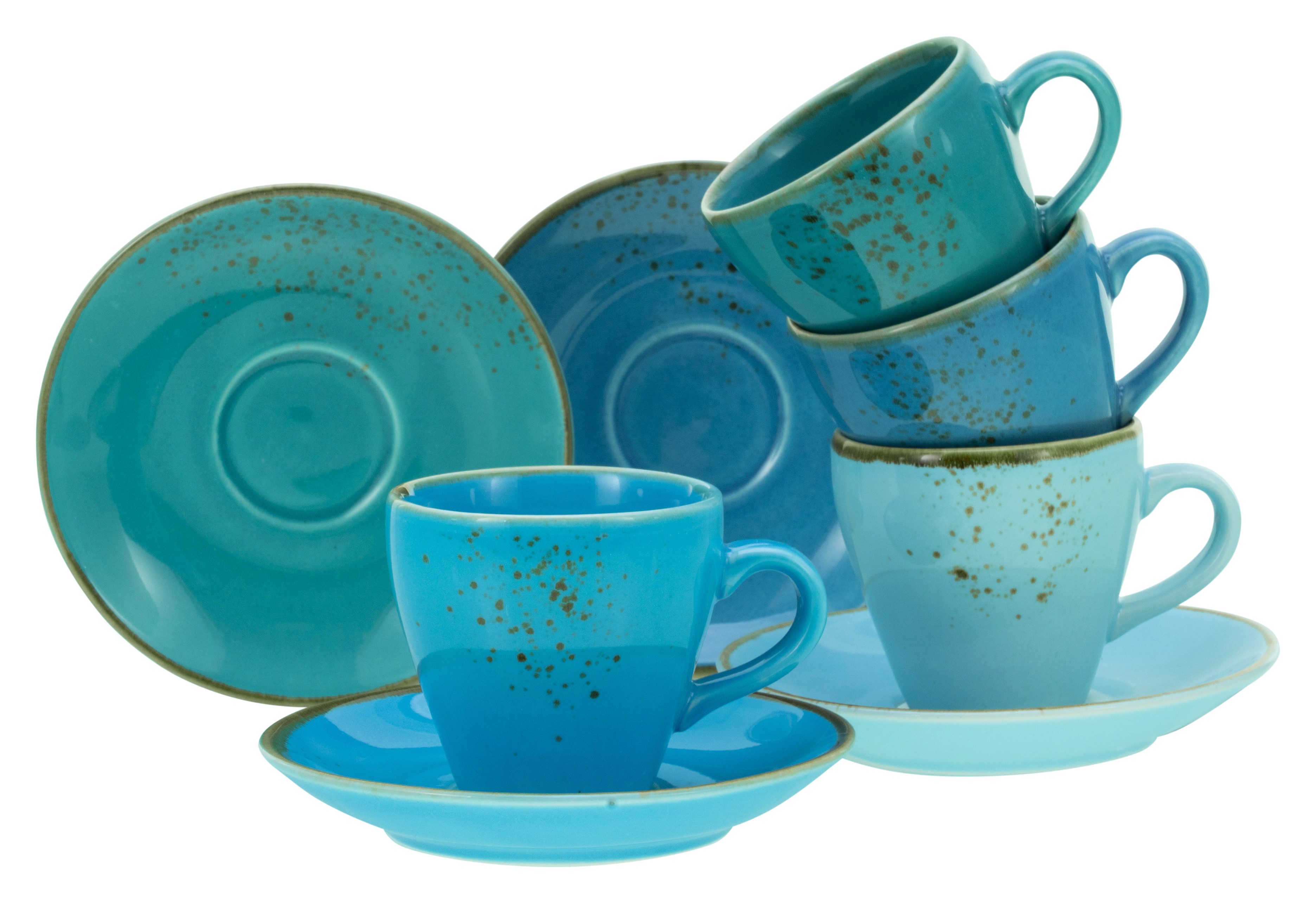 CreaTable Espressotasse Kaffeetasse NATURE COLLECTION Aqua, 8-tlg., Steinzeug, Tassen Set, aktuelle Blautöne mit Sprenkel, 4 Tassen, 4 Untertassen