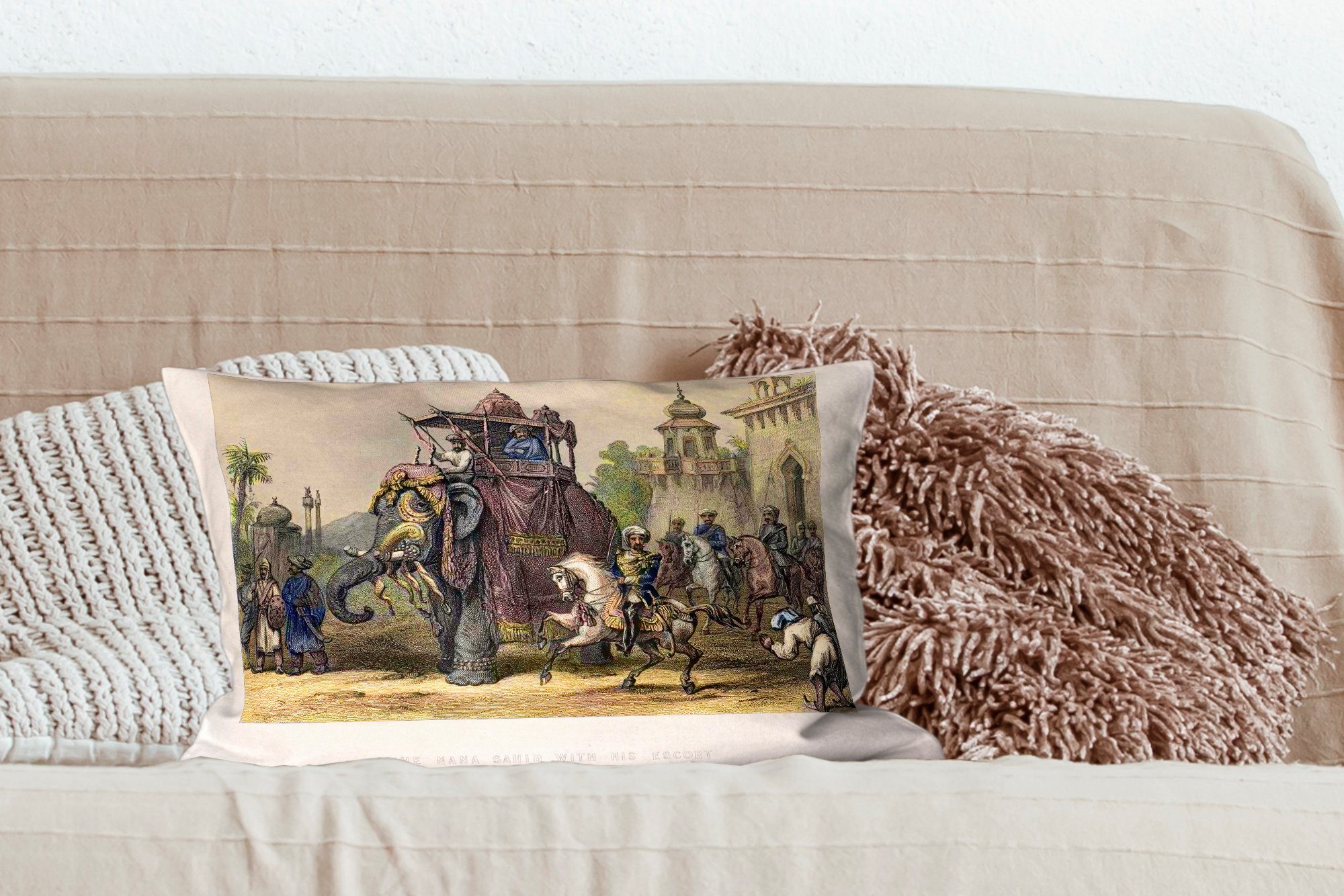 Wohzimmer Illustration Zierkissen, Elefant Dekokissen Schlafzimmer mit Asien, Füllung, MuchoWow - - Dekoration, Dekokissen