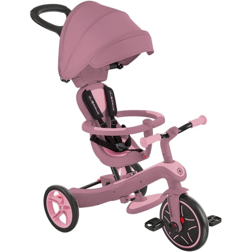 Globber Dreirad-Kinderwagen EXPLORER TRIKE 4in1 ECO Kinderwagen Dreirad Laufrad, Mit 5-Punkt-Gurt, Sicherheitsbügel, Kopfstütze und Hinterradbremse