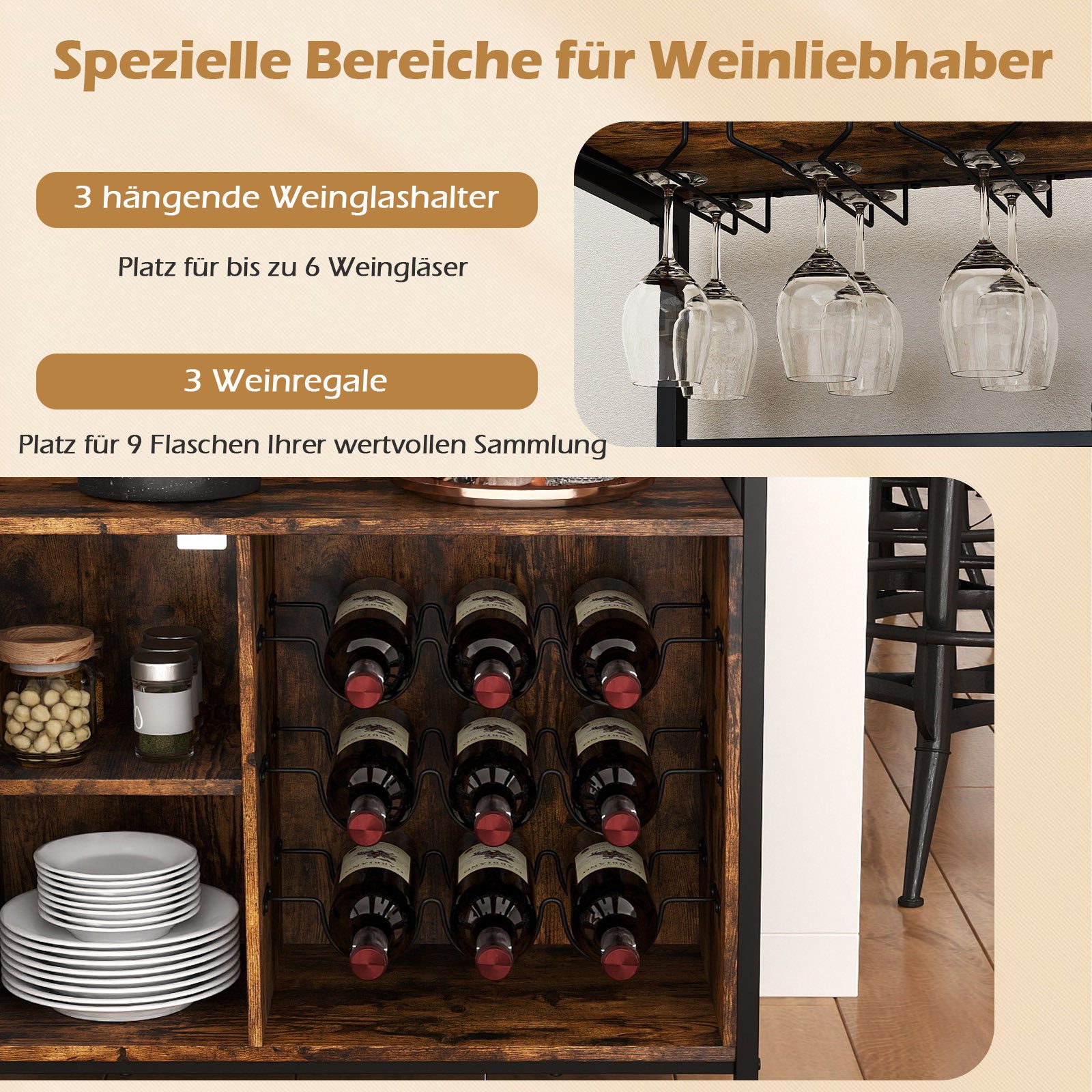 COSTWAY Weinschrank Küchenschrank mit abnehmbarem Weinregal 75x34x90,5cm