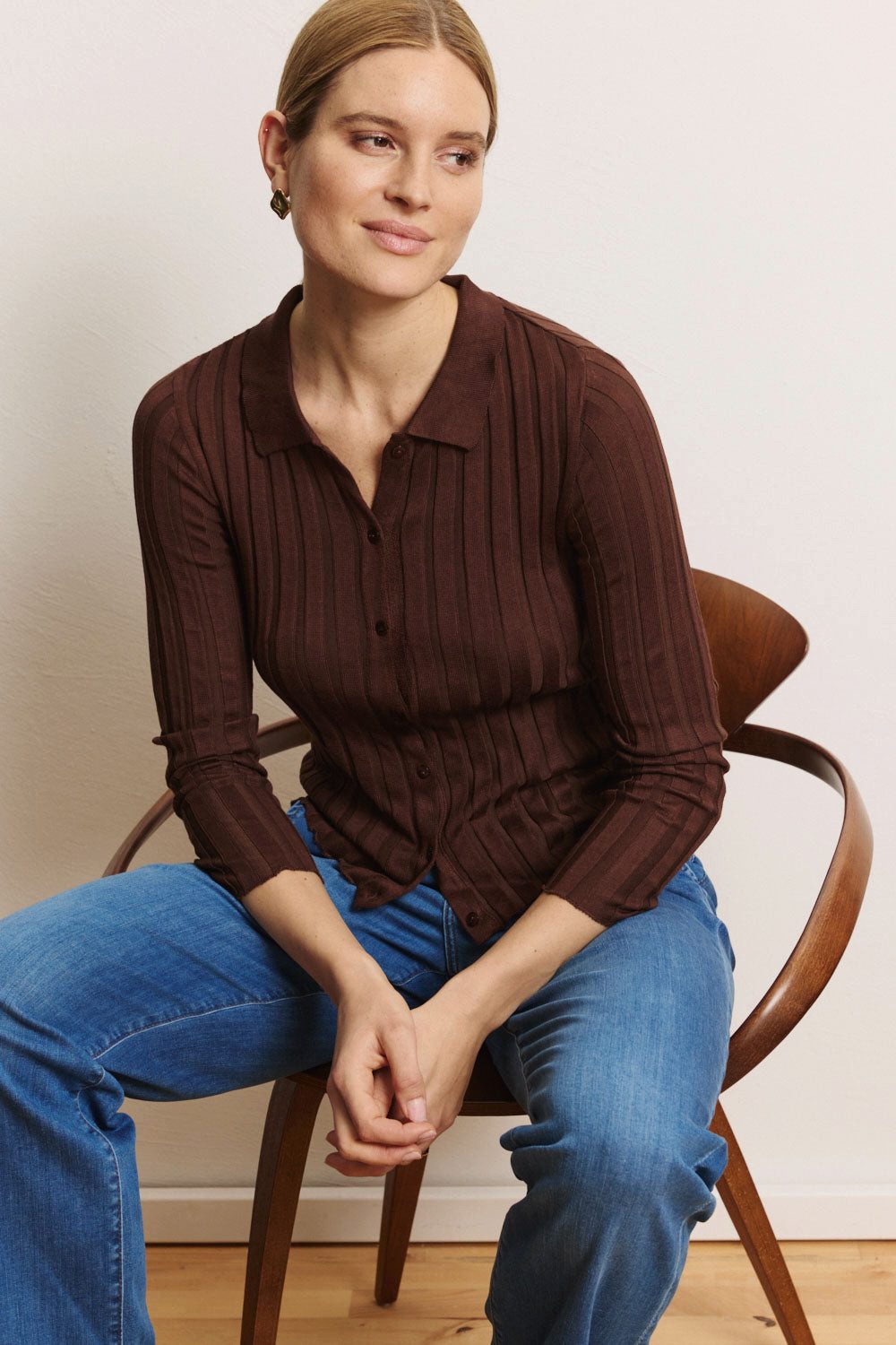 Tranquillo Cardigan Damen Mellii aus EcoVero™ Rippstrick Polokragen schmal geschnitten als feiner Pullover oder Strickjacke tragbar, unifarben, nachhaltig