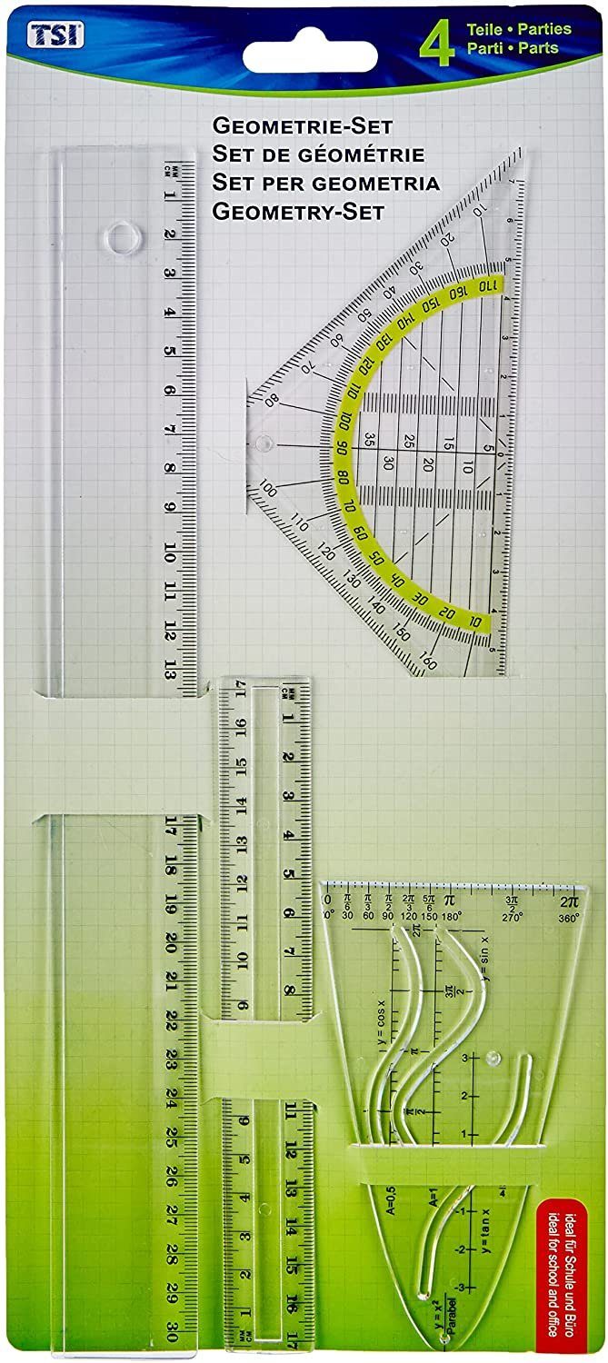 TSI Schreibwaren Geodreieck Geometrie-Set 4tlg. 2x Lineal,Parabel Geodreieck