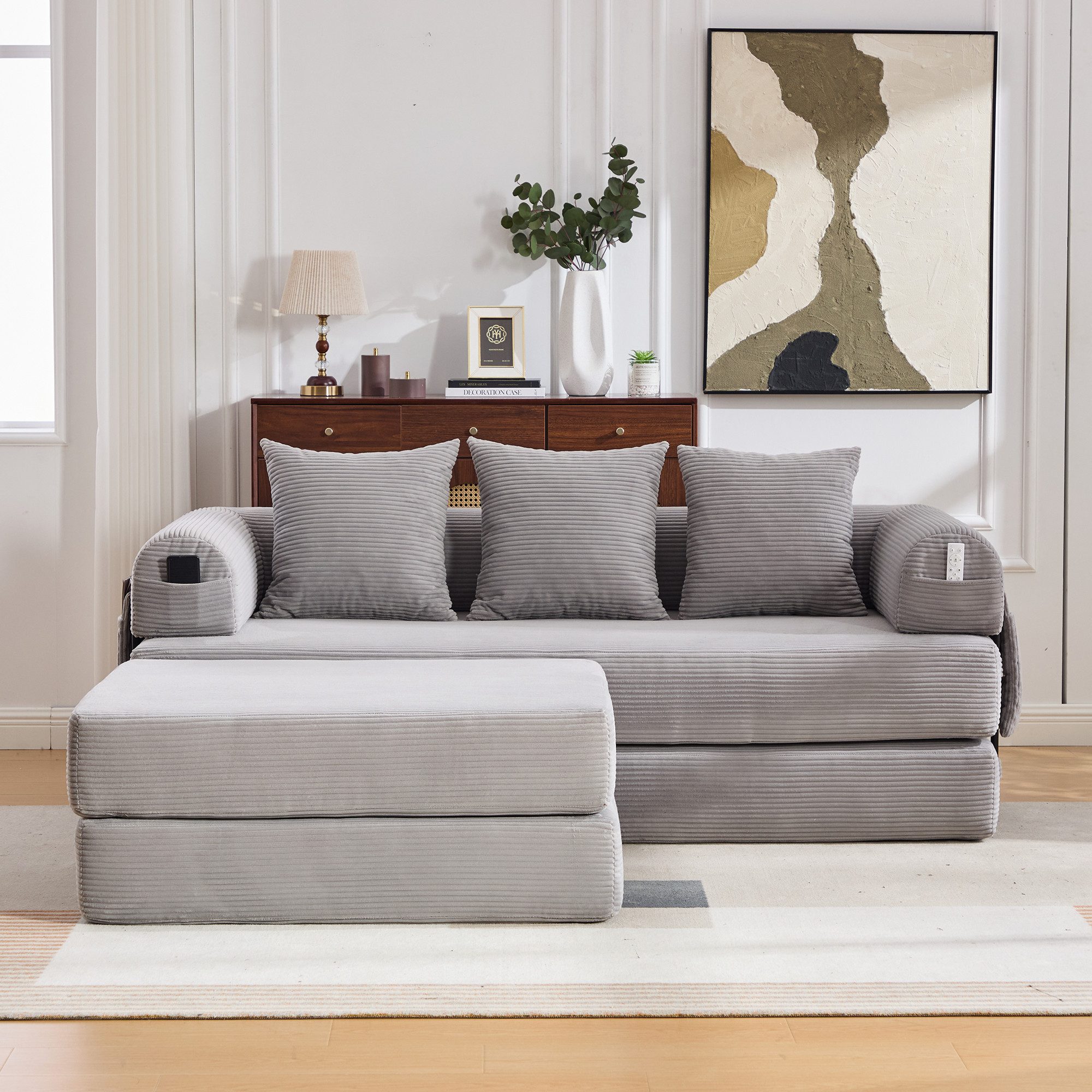 HAUSS SPOLE Loungesessel 2-tlg mit Metallrahmen & Hocker,Loungesofa mit Seitentasche,Hellgrau (Relaxsofa mit einem stabilen Metallgestell, aus hochwertigem Cordstoff gefertigt), für kleine Räume, Apartments oder Studentenwohnungen