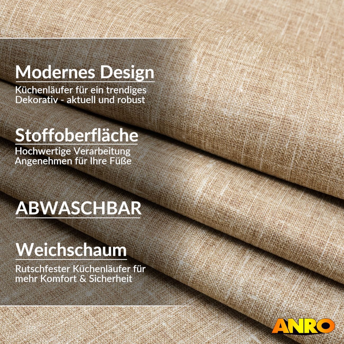 ANRO Küchenläufer Premium Einfarbig RUNNA Läufer Küchenteppich Stoff-Teppich, Rechteckig, Höhe: 3 mm, Stoff schmutzabweisend 67x140cm Boho Beige robust
