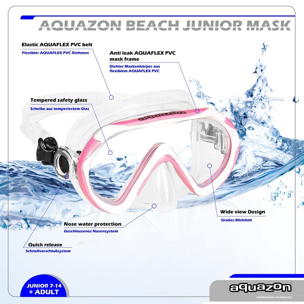 7-12 Silikon BEACH, Schnorchelbrille Kinder AQUAZON Taucherbrille Pink Junior white Jahre, für