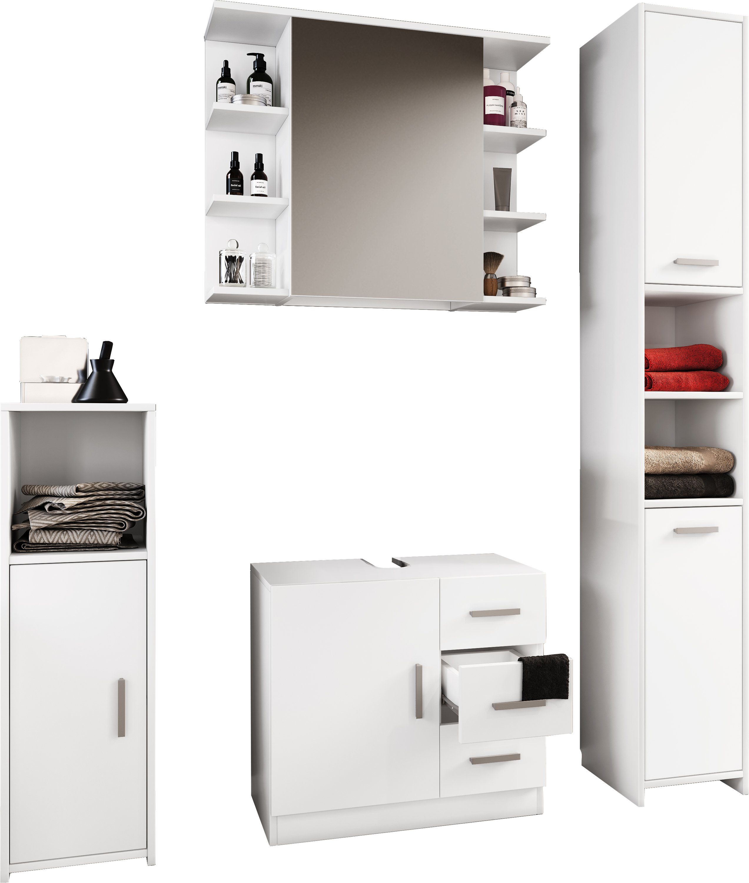 VCM Badmöbel-Set 4 teilig Bad Komplettset Zalo, (Komplett-Set, 4-St., 1x Spiegelschrank 1x Midischrank 1x Unterschrank 1x Hochschrank)
