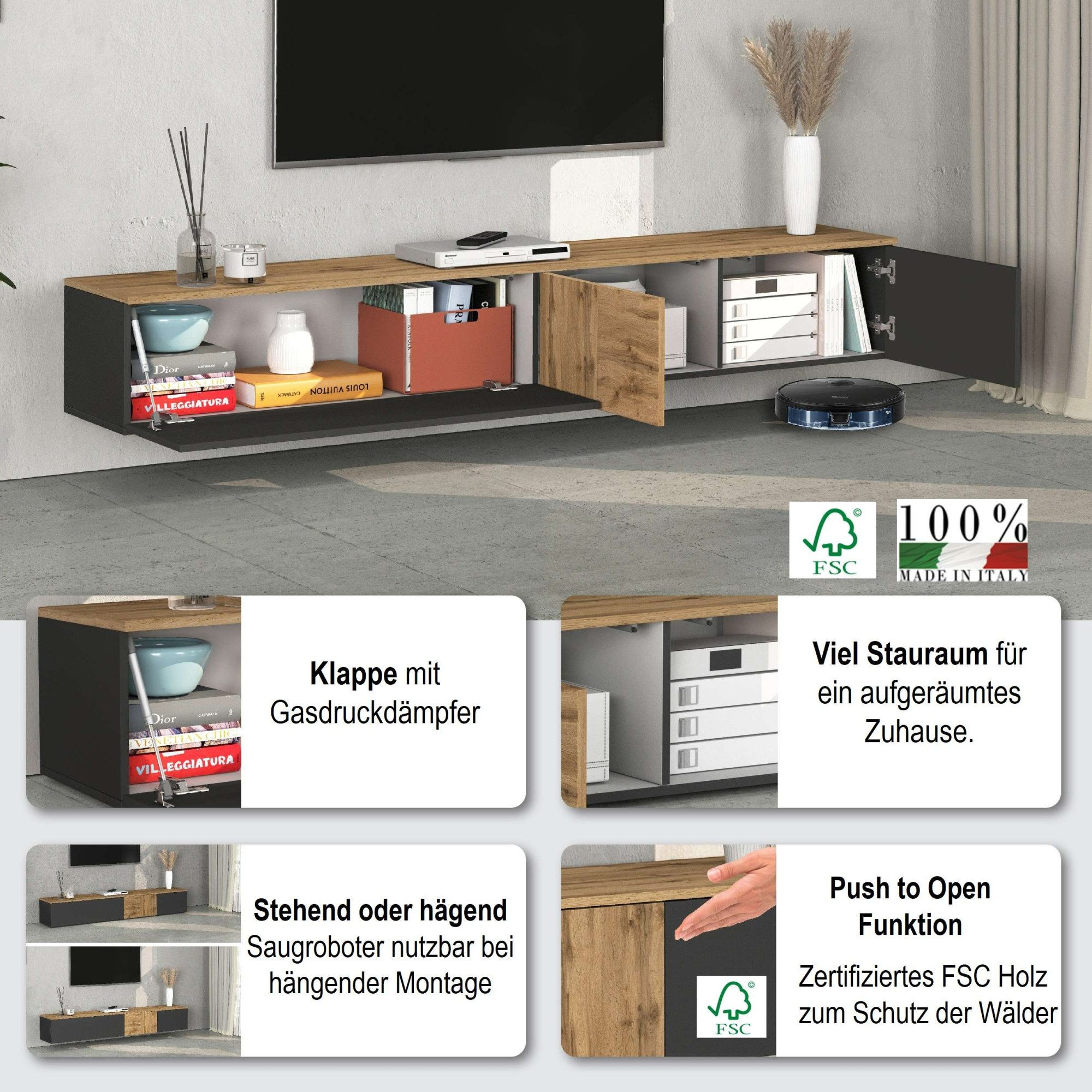 OTTO home Lowboard ISEO, TV-Kommode,TV-Möbel,TV-Bank, 3 Fächer, Breite 200 cm (1 St), stehend/hängend, 1 Klappe, 2 Türen, 3 Fächer, Breite 200 cm