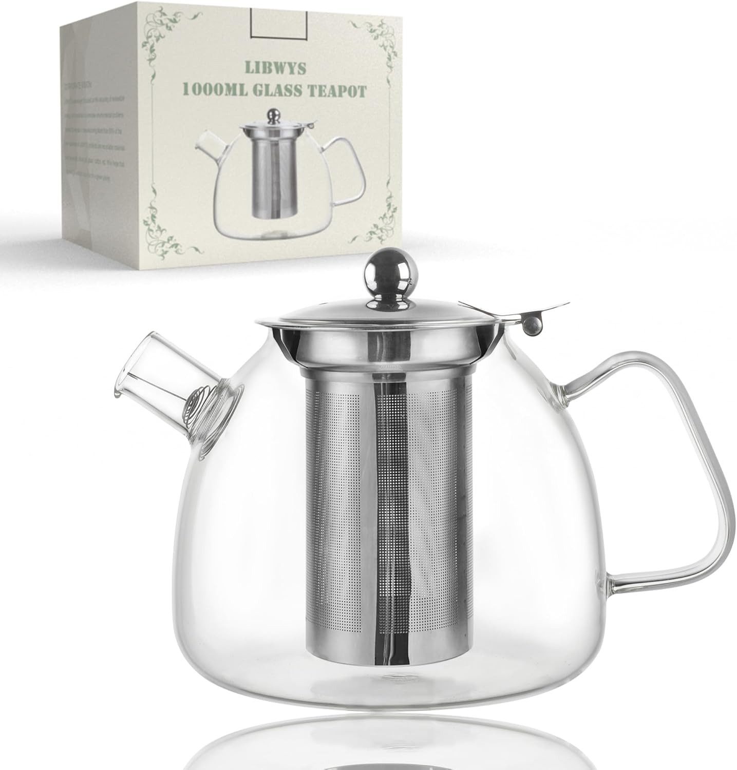 LIBWYS Teekanne Teekanne Glas 1L Borosilikat mit Edelstahlsieb Teekanne klar, 1 l, (Glas Teekanne 1 Liter mit Edelstahlsieb und Glasdeckel Set, Teekanne mit Sieb Glasdeckel Griff 1000 ml für losen Tee Haushalt), Hitzebeständiges Borosilikatglas Herausnehmbares Edelstahl-Teesieb
