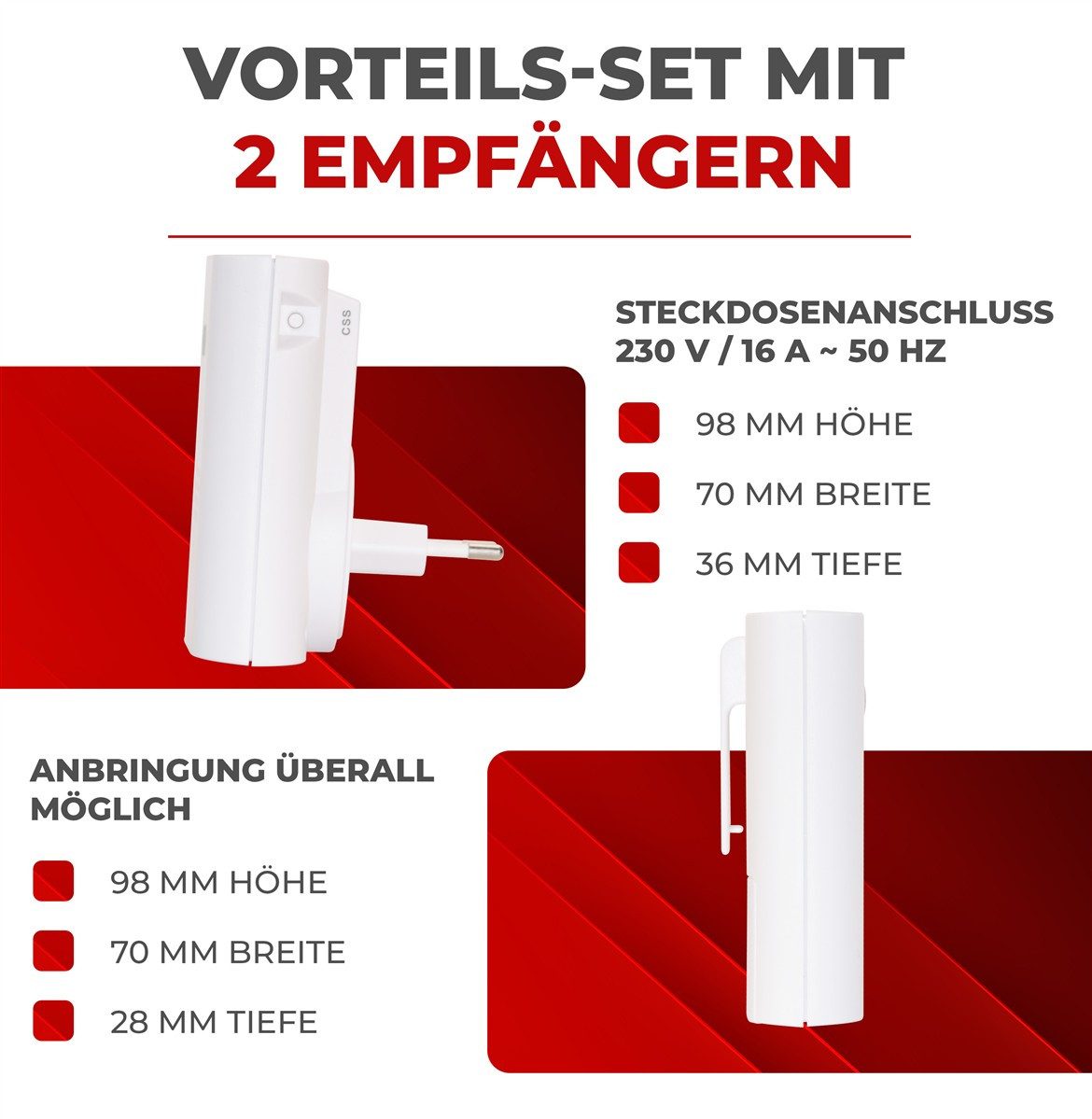 Heidemann Steckdosen-Türgong Heidemann Funkgong-Set HX Twin, weiß (3-tlg) LED-Signal, HX-kompatibel