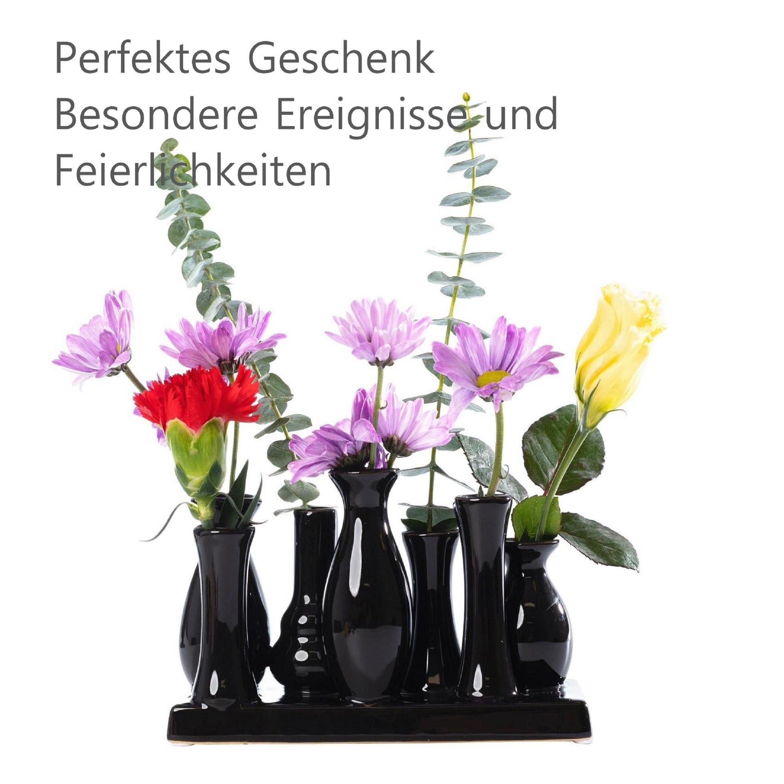 verbunden auf einem Dekovase Keramik Blumenvasen Jinfa Vasen auf kleine (7 Set Tablett Handgefertigte schwarz), Deko
