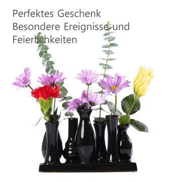 Jinfa Dekovase Handgefertigte kleine Keramik Deko Blumenvasen (7 Vasen Set schwarz), verbunden auf auf einem Tablett