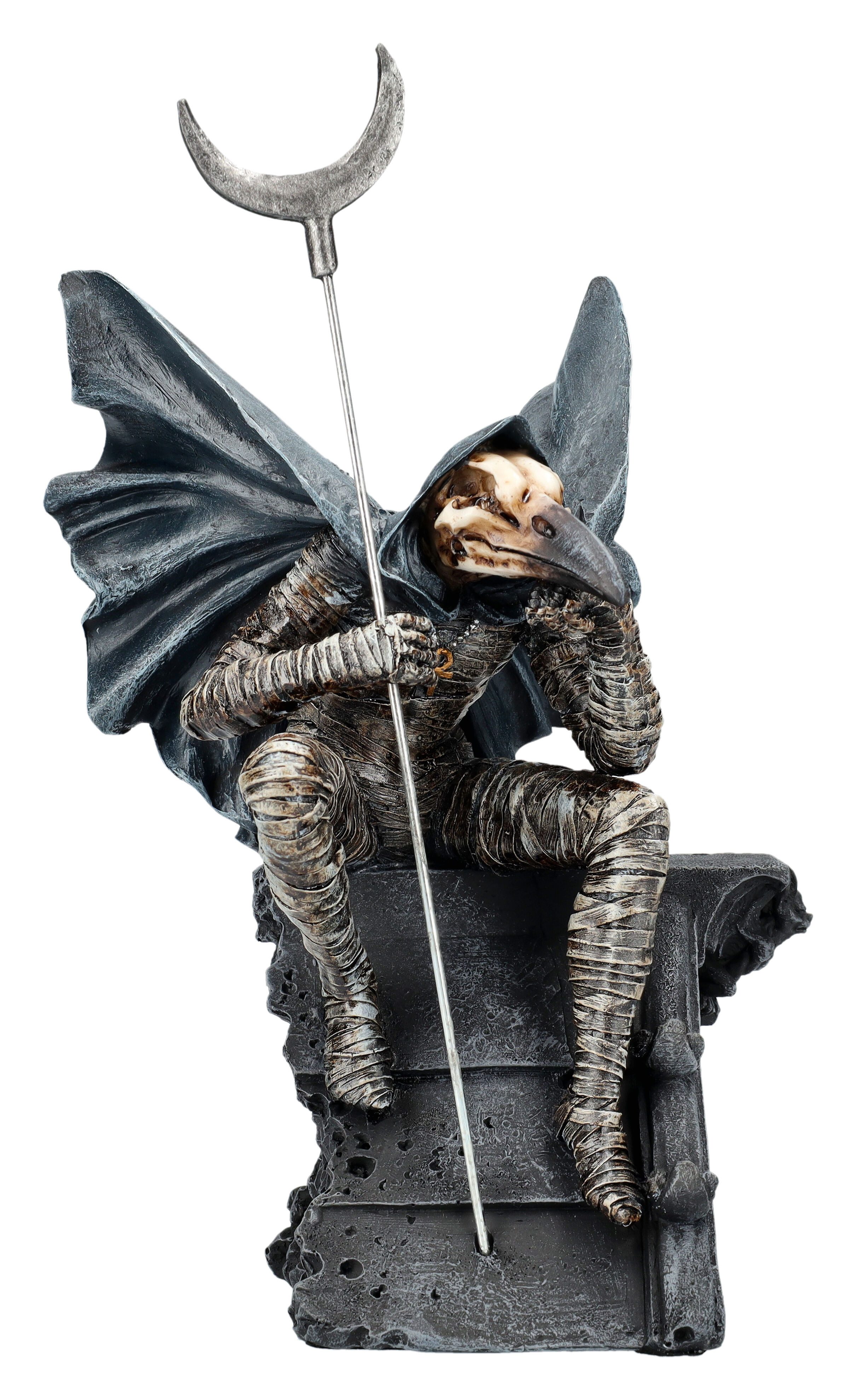 Figuren Shop GmbH Dekofigur Khonshu Figur - Ägyptischer Mondgott sitzend - Rabenkopf Mondstab Deko