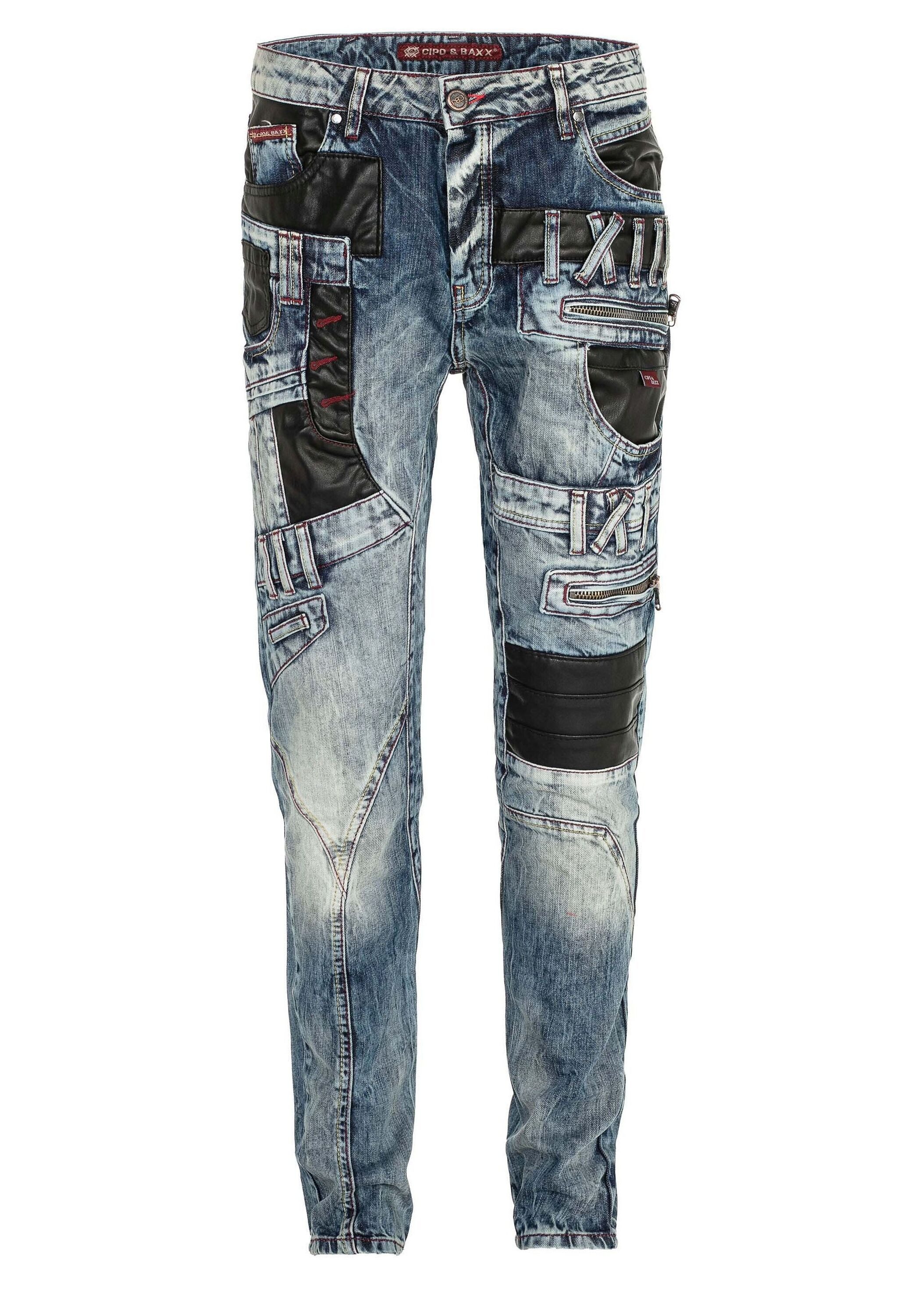 Cipo & Baxx Regular-fit-Jeans Jeans mit Kunstleder und Bunddetails, CD-482