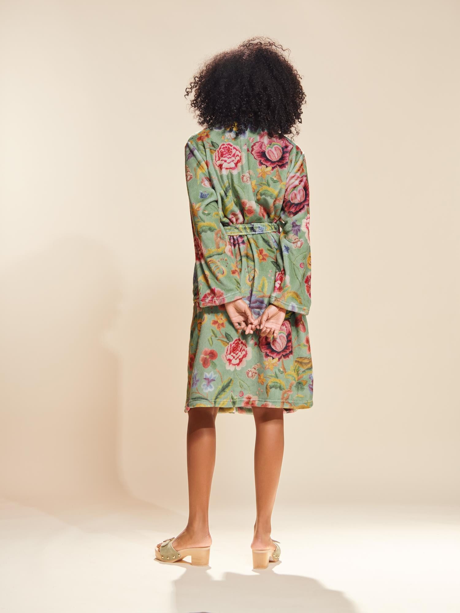 Essenza Damenbademantel Steff Roselina, Midilänge, Polyester, Schalkragen, mit Taschen, Gürtel, mit romantischem Roselina-Print