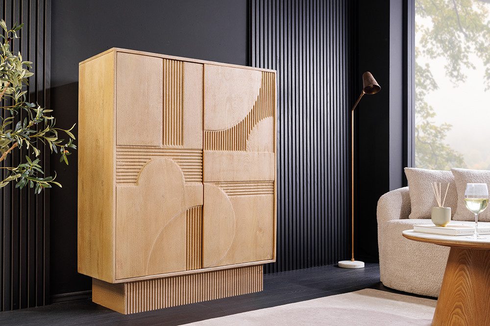 riess-ambiente Highboard ART DECO 120cm weiß gekälkt - Mangoholz, massiv, 3D-Front, handarbeit (Set, 1 St), Moderner Schrank mit Push-to-Open - ideal für Wohn- & Schlafzimmer