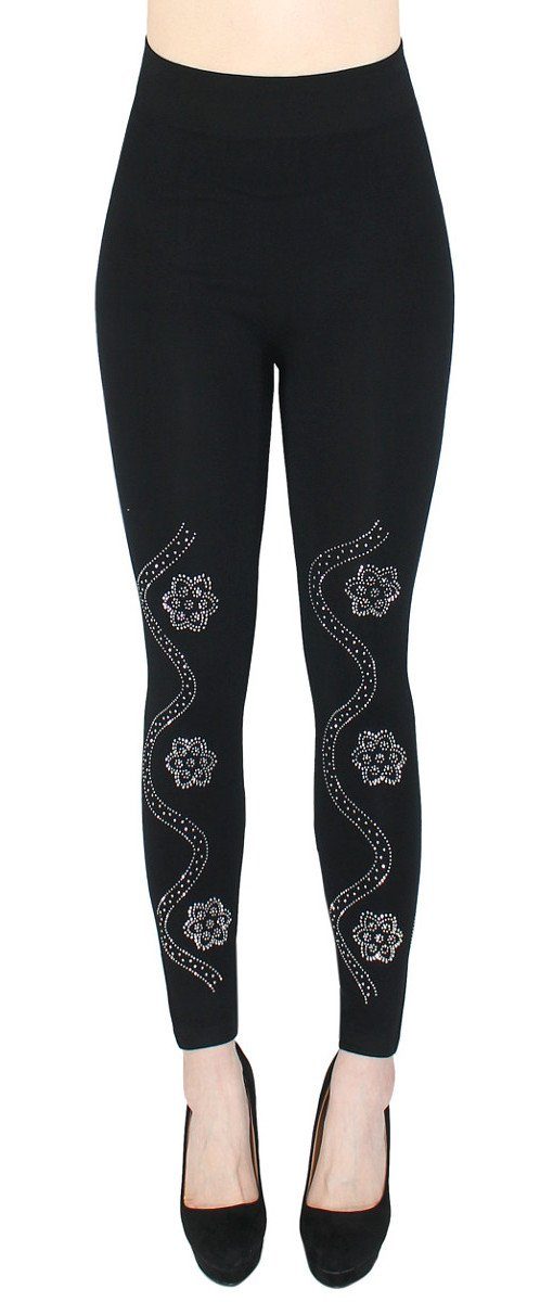 dy_mode Highwaist Leggings Damen Leggings Fitness-Leggings mit Glitzer Strass Leggins High Waist mit elastischem Bund JL534-3Flowers