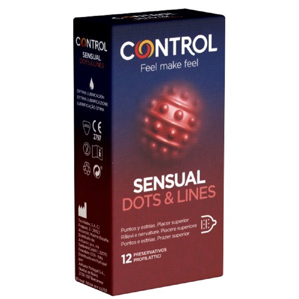 CONTROL CONDOMS Kondome SENSUAL Dots & Lines Packung mit, 12 St., anatomische Kondome mit Noppen und Rippen, tiefgehend stimulierende Kondome
