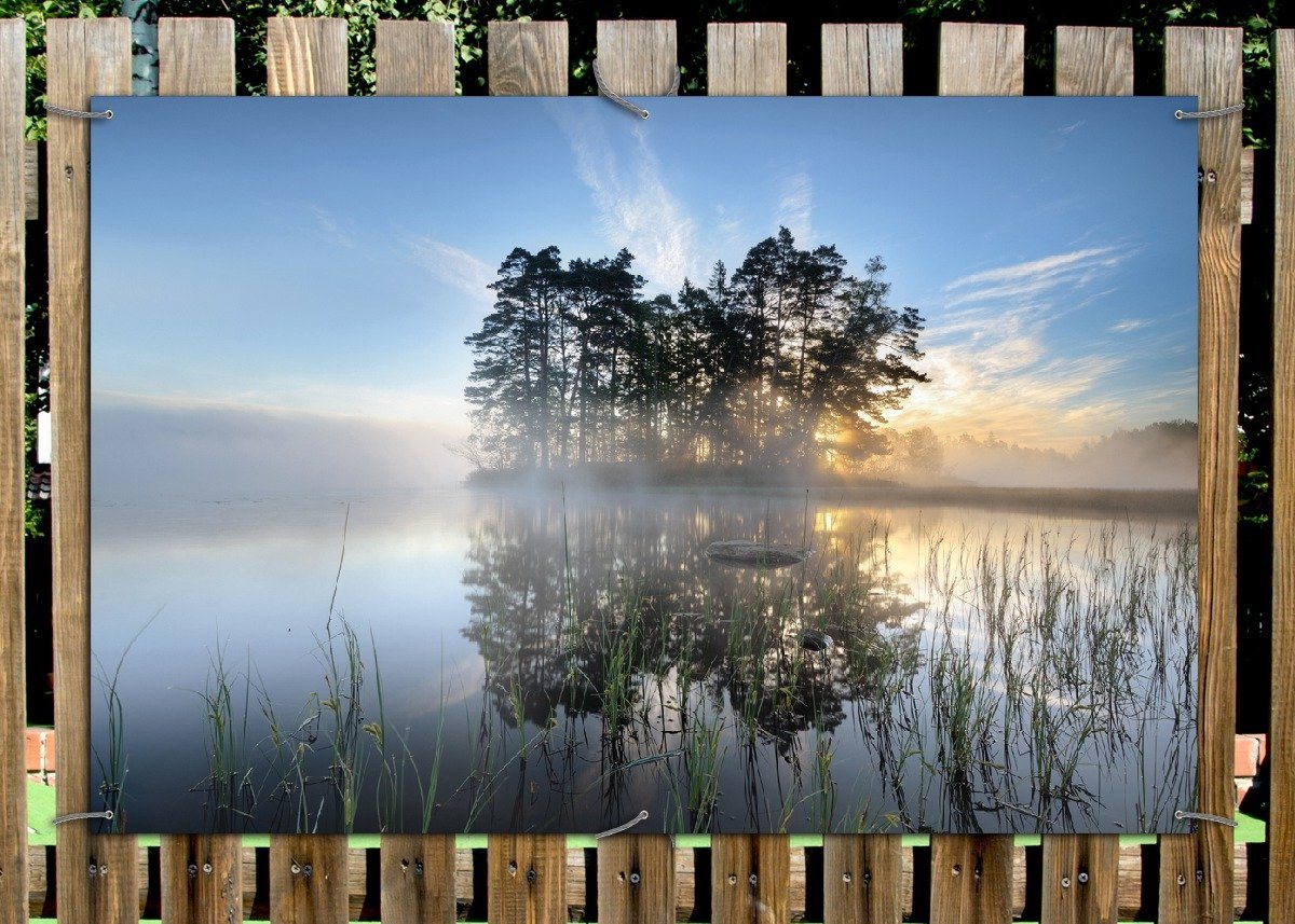 Thumbnail - Wallario Sichtschutzzaunmatten Stiller See mit Insel im Morgennebel