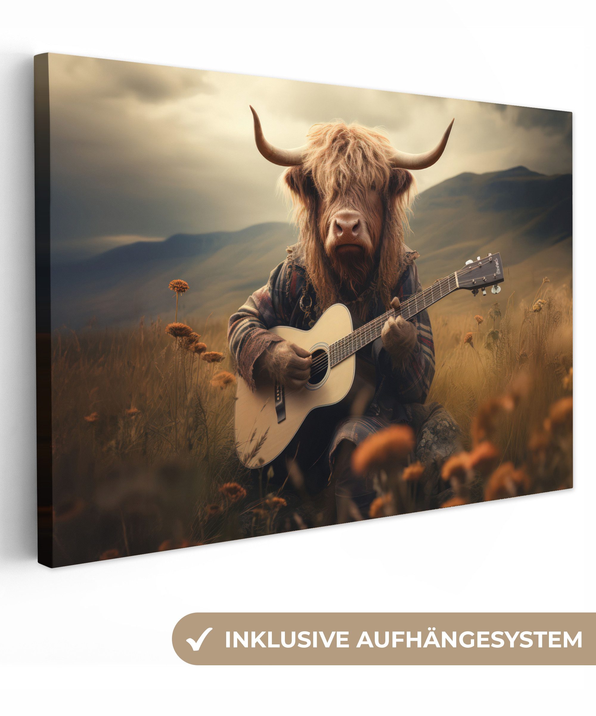 Schottische Highlander - Gitarre - Blumen - Berge