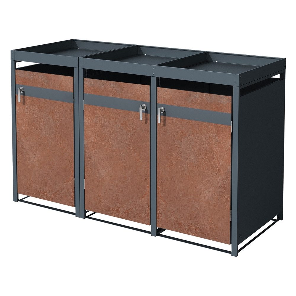 ML-DESIGN Mülltonnenbox Müllbox aus Stahl wetterfeste Mülltonnen Verkleidung Mülltonnengarage, für 3 Tonne 240L 200x80x124cm Anthrazit, Rot-Braun mit Pflanzdach