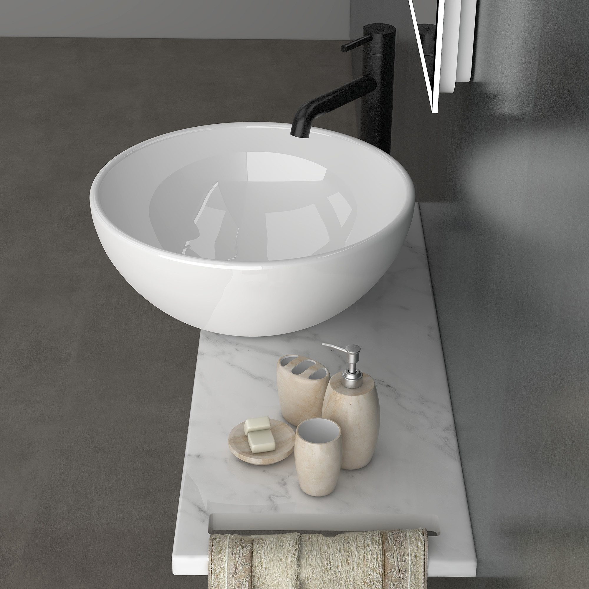 Alpenberger Aufsatzwaschbecken Rund - Waschschüssel Waschbecken Klein Gäste WC Set mit Handtuchhalter (Waschschale mit Nano, Handwaschbecken), mit Keramikplatte und Edelstahlkasten