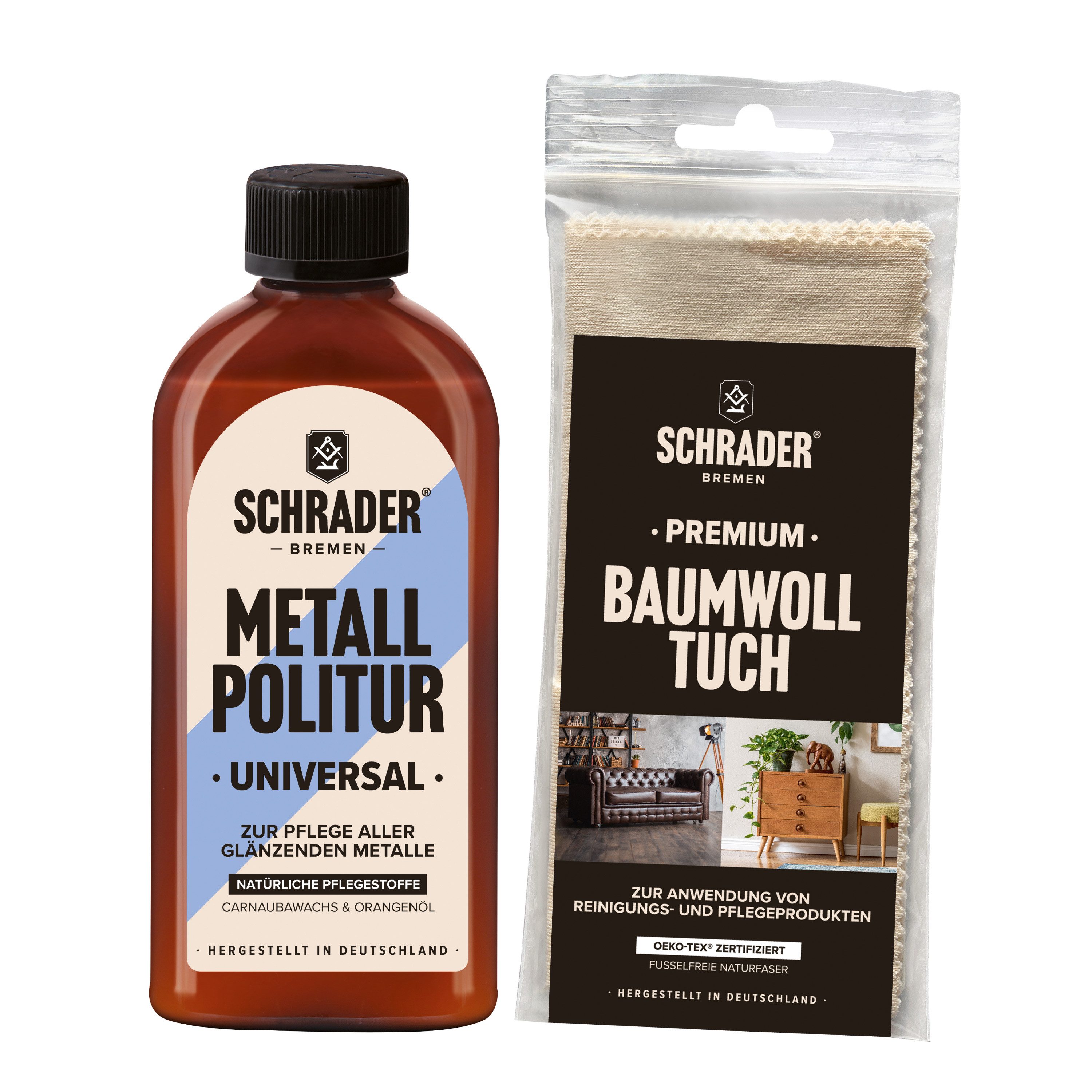 Schrader Metall Politur + Baumwolltuch - 250ml - Politur, zum Polieren unlackierter und glänzender Metalle - Made in Germany