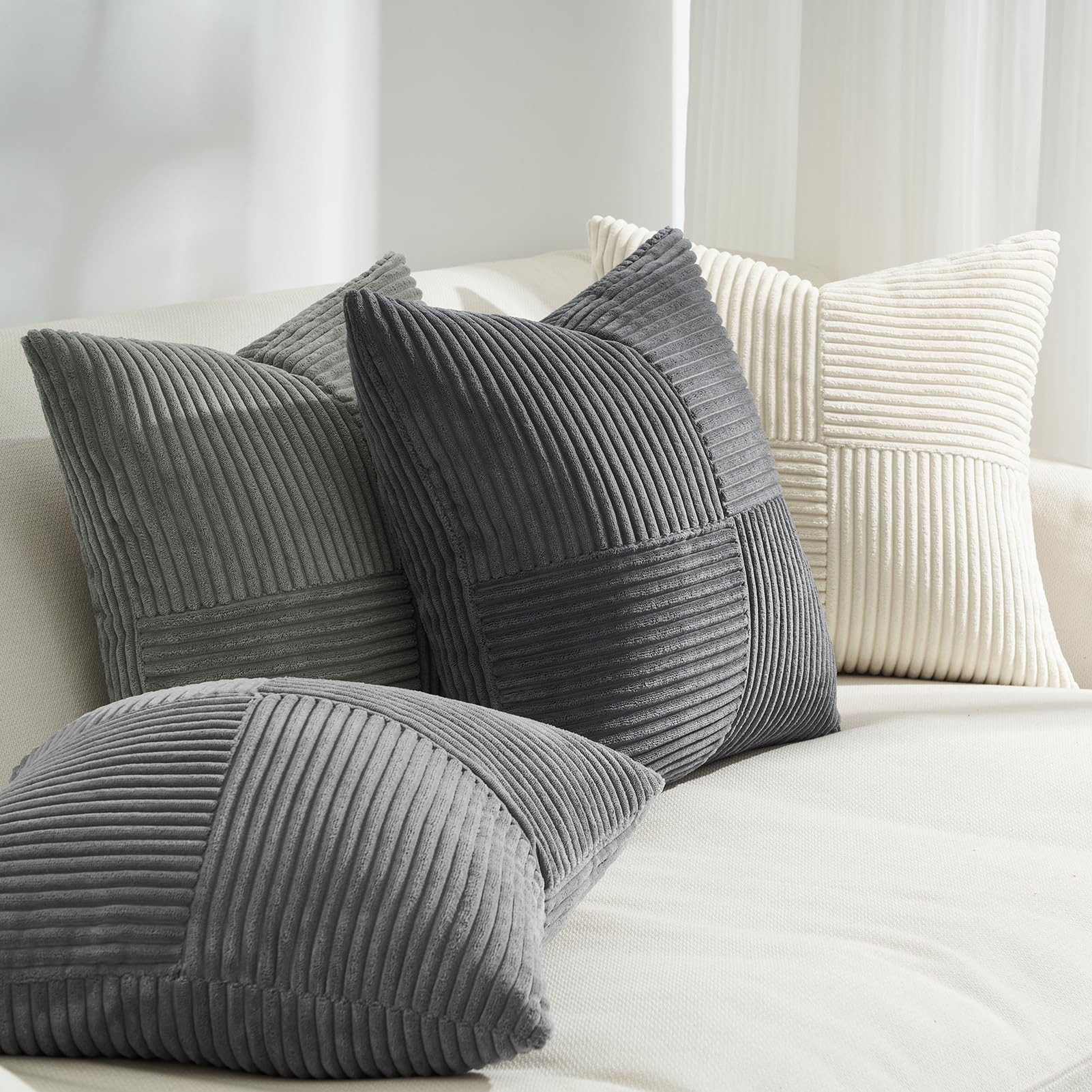 Topfinel Kissenbezug 40x40 4er set Kissenbezüge 50x50 Kordsamt mit Streifen deko Sofa, kissenbezug Grau Farbverlauf Schlafzimmer Weich Hautfreundlich