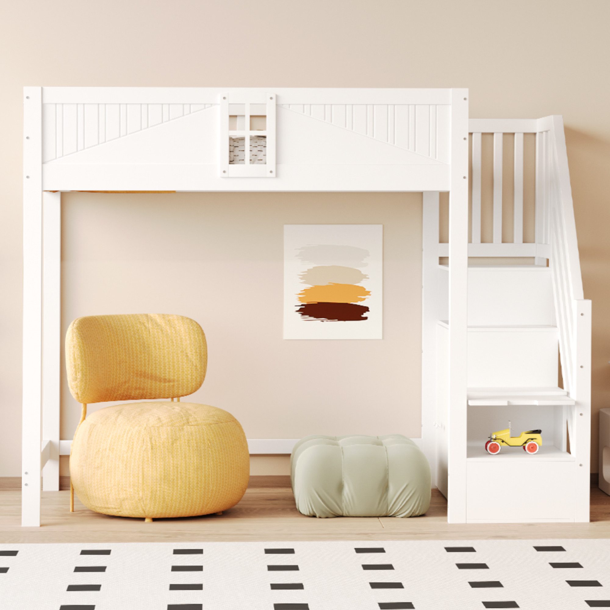 Flieks Hochbett Kinderbett 90x200cm mit Stauraumtreppe günstig online kaufen