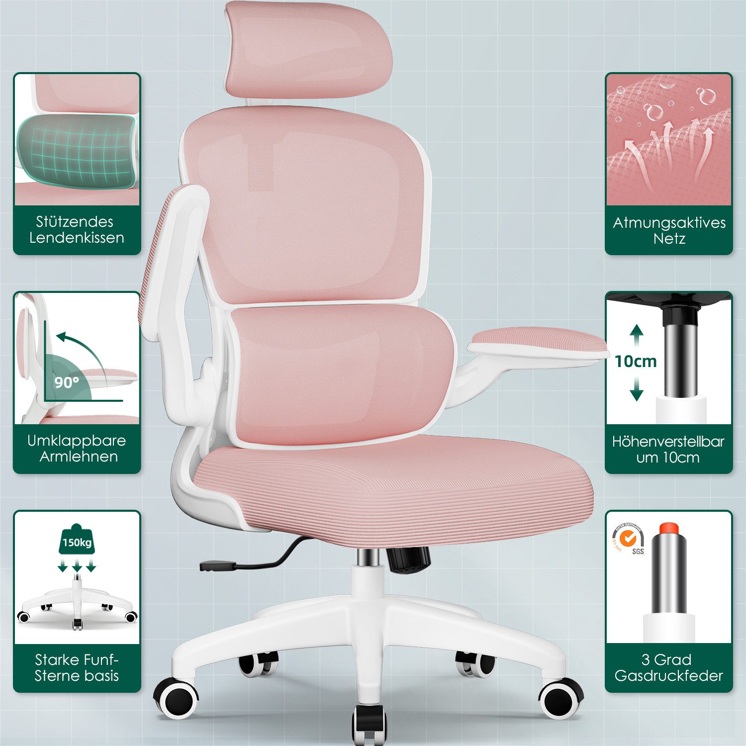 Fukstern Bürostuhl Ergonomischer Bürostuhl mit 90° klappbaren Armlehnen (Verstellbare Kopfstütze, atmungsaktiver Mesh-Bezug, Rücken- und Taillenstütze, Neigung  – Bild 4 von 5