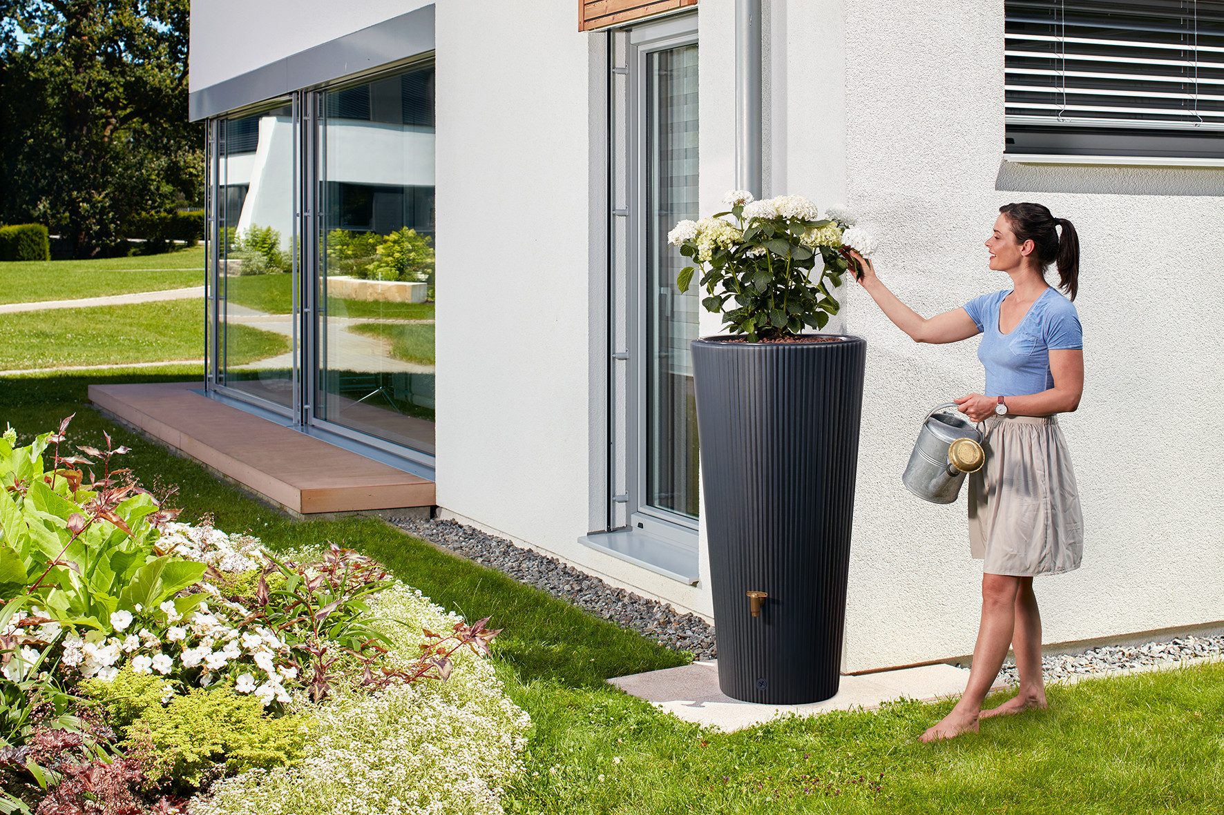 4rain Rain Barrel VASO 2in1 DECOR Rainwater Storage Complete Set 220 L, graphite grey