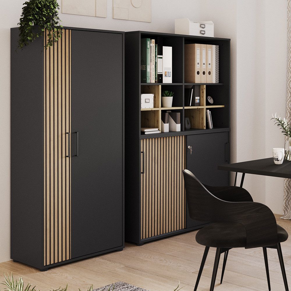 Lomadox Büromöbel-Set HUNTSVILLE-80, (Spar-Set, 2-tlg., Büroschrank Regal Aktenschrank Regaleinsätze), Büroeinrichtung Büroausstattung modern schwarz Akustikpaneel-Optik
