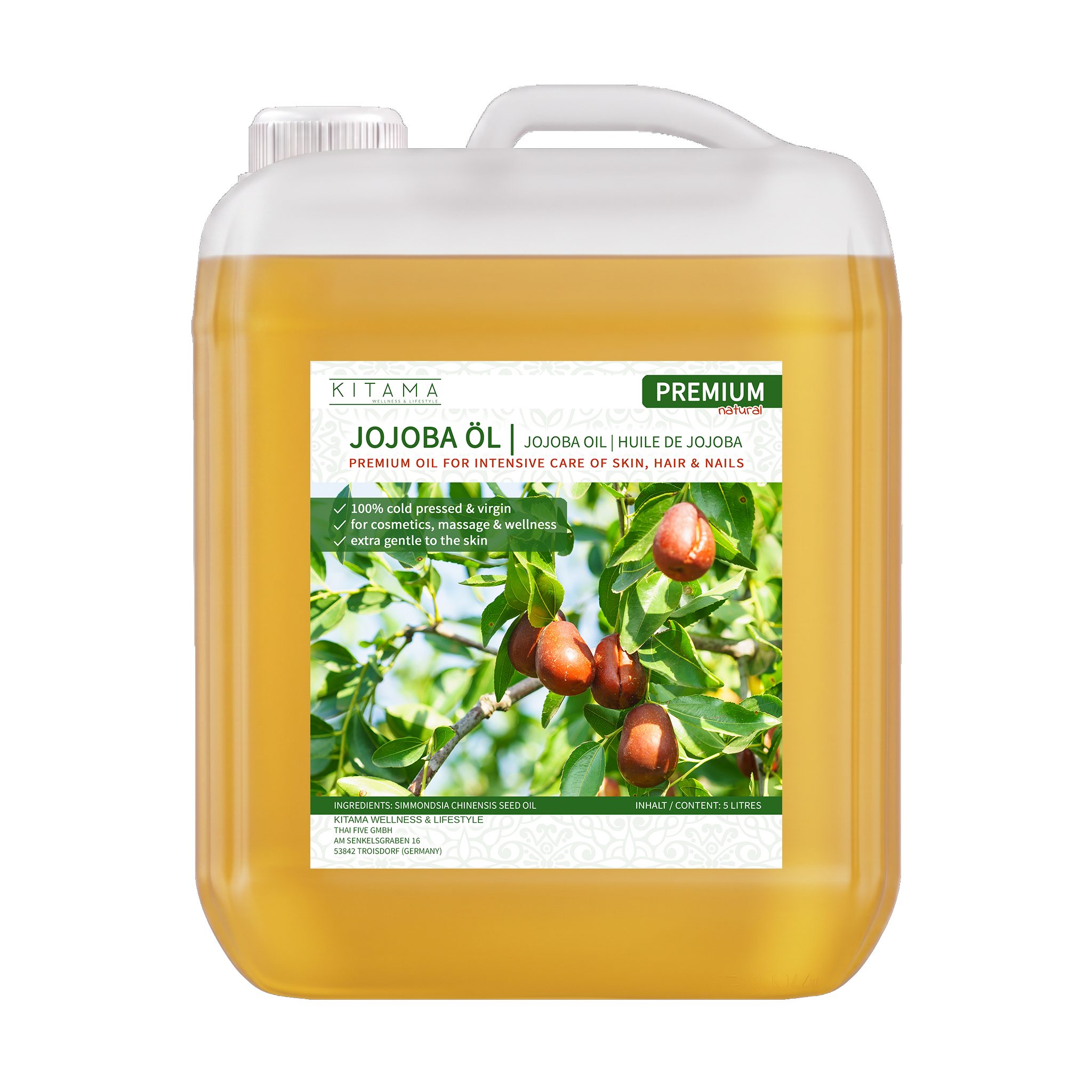 Kitama Körperöl Jojobaöl kaltgepresst naturbelassen - sanftes Baby-Öl Pflege-Öl 5-Liter, Pflege-Öl