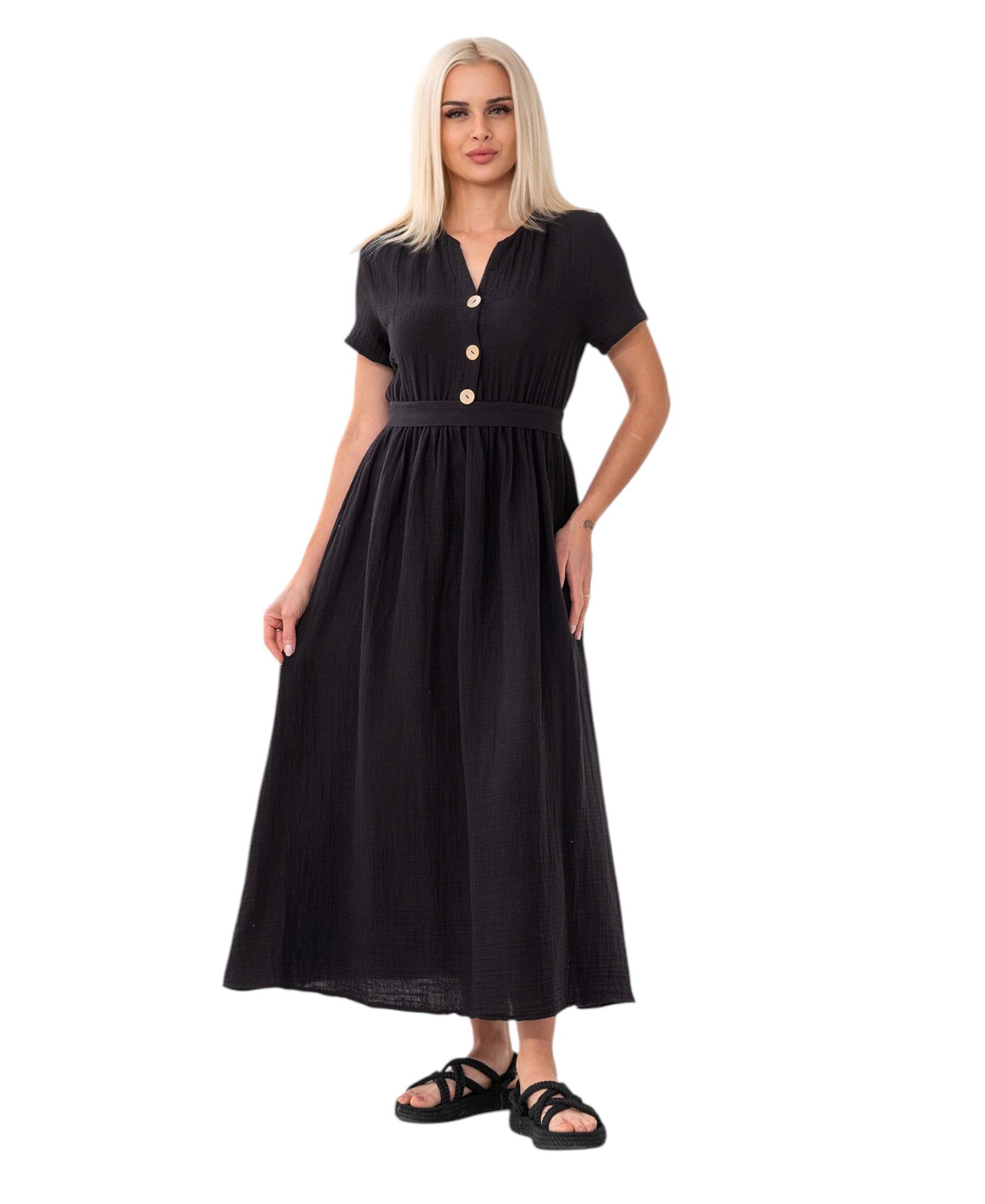 WENOR Sommerkleid Musselin Boho Kleid mit Knopfleiste & Taillenband, Freizeitkleid (1-tlg) Vorn mit Holzknöpfen, Bindegürtel an der Taille