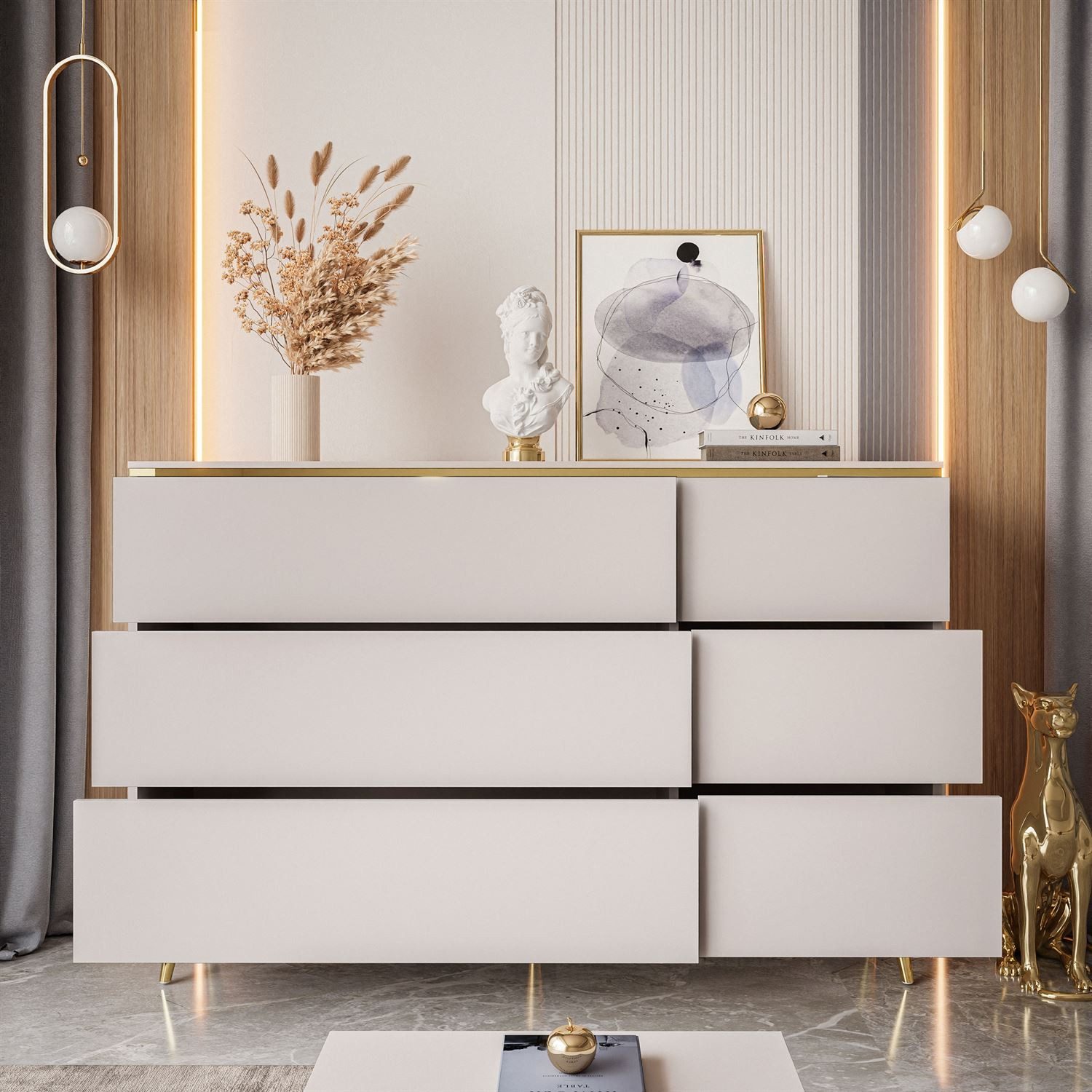 Lookway Kommode AURORA 6S in Kaschmir mit goldener Leiste, Breite: 138 cm, Tiefe: 40 cm – Bild 3 von 5
