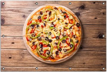 Wallario Sichtschutzzaunmatten Italienische Pizza mit Peperoni, Oliven. Paprika und Käse, rund