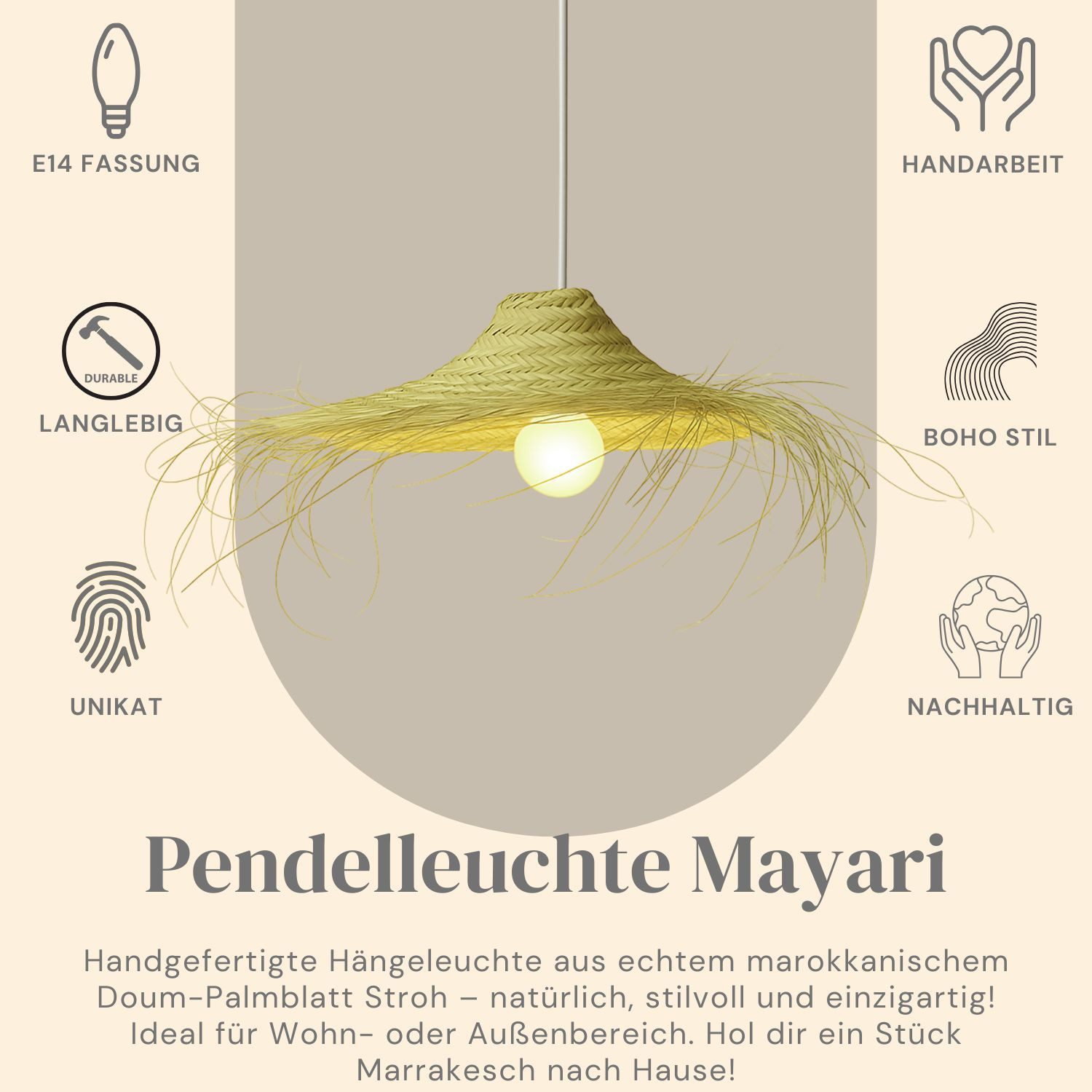 Marrakesch Orient & Mediterran Interior Pendelleuchte Pendelleuchte Mayari im Boho-Design aus Bast gefertigt, in Natur 50 cm, Handarbeit – Bild 4 von 5