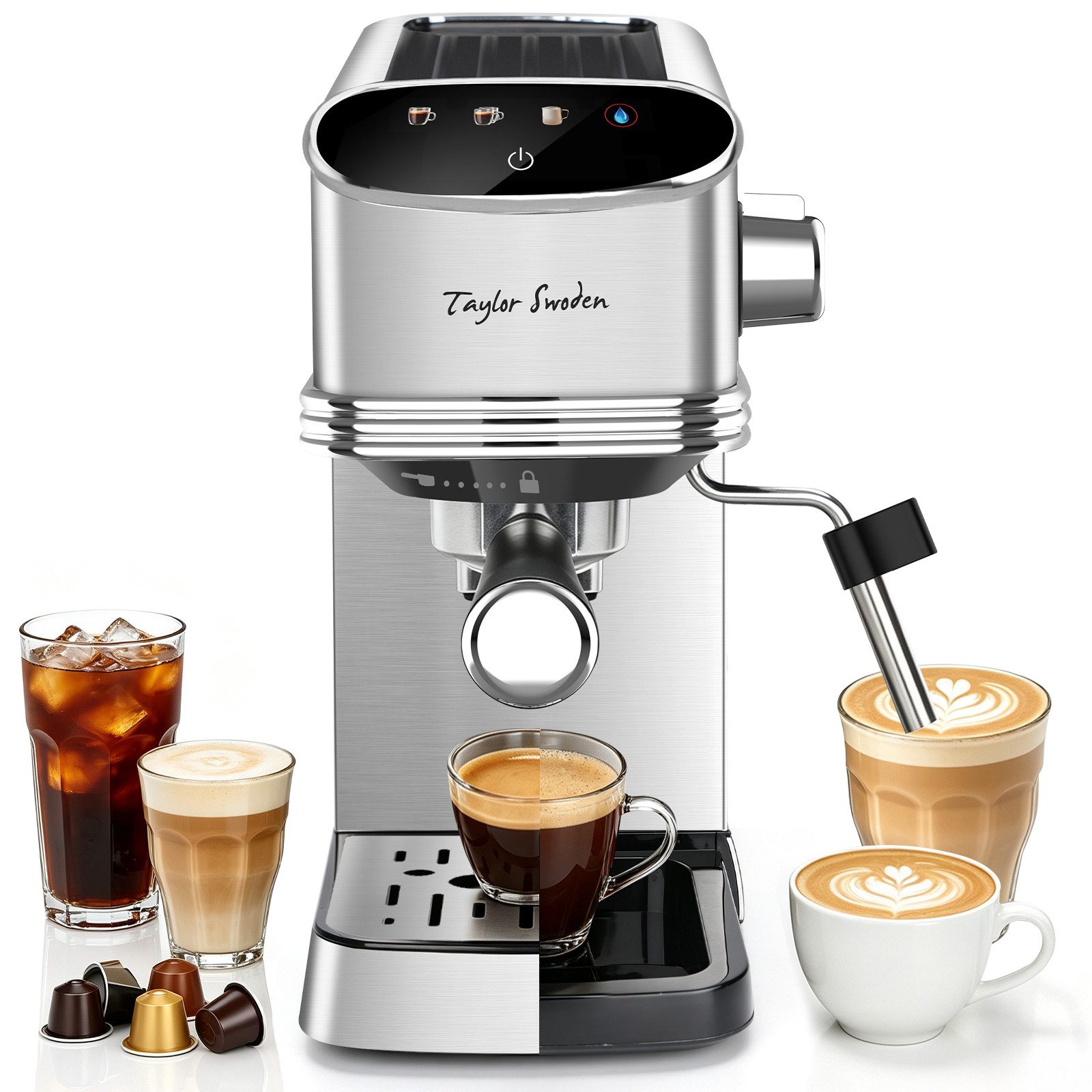 Taylor Swoden Espressomaschine, 2 in 1 Kompakte Edelstahl Kapsel Kaffeemaschine mit 1,35L Tank