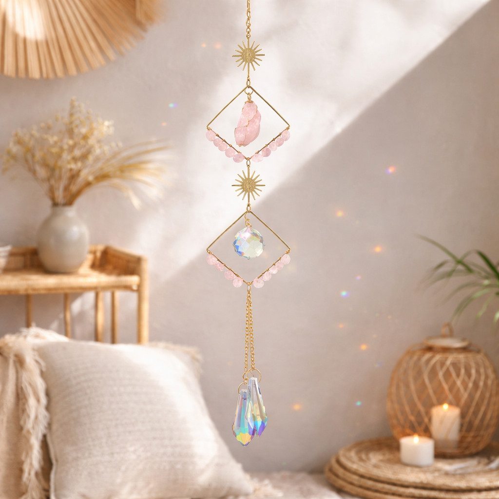 Karmandala Fensterdekoration Edelstein Sonnenfänger mit Kristall Regenbogen Lichtspiel, echter Rosenquarz, spirituelle Boho Deko