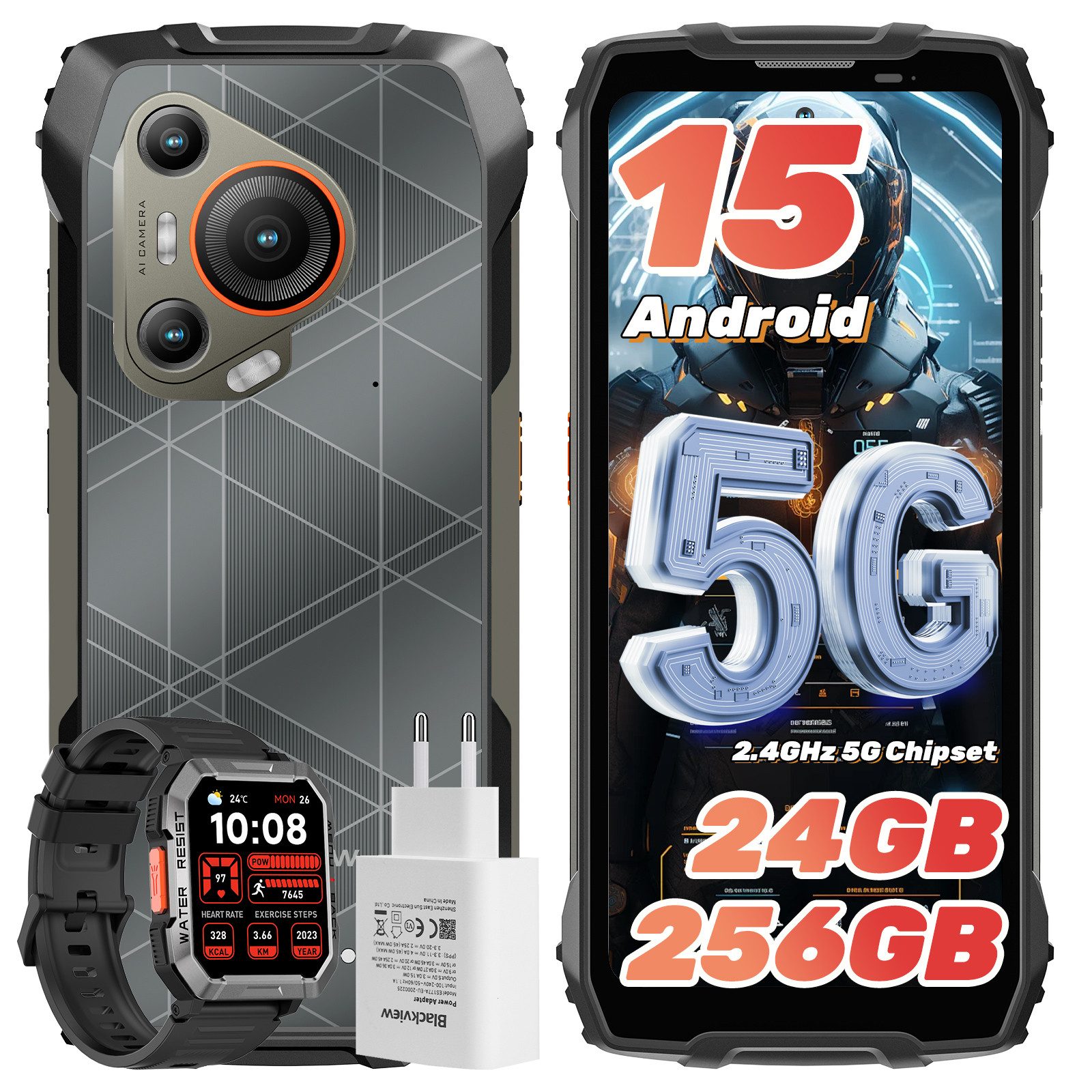 blackview BL7000 Android 15 5G incl. 45W Ladegerät Outdoor Smartphone (6.56 Zoll, 256 GB Speicherplatz, 50 MP Kamera, 6.78”, 2.4K, 750Nits, 120Hz, Dimensity 6300, NFC,7500mAh, 33W)