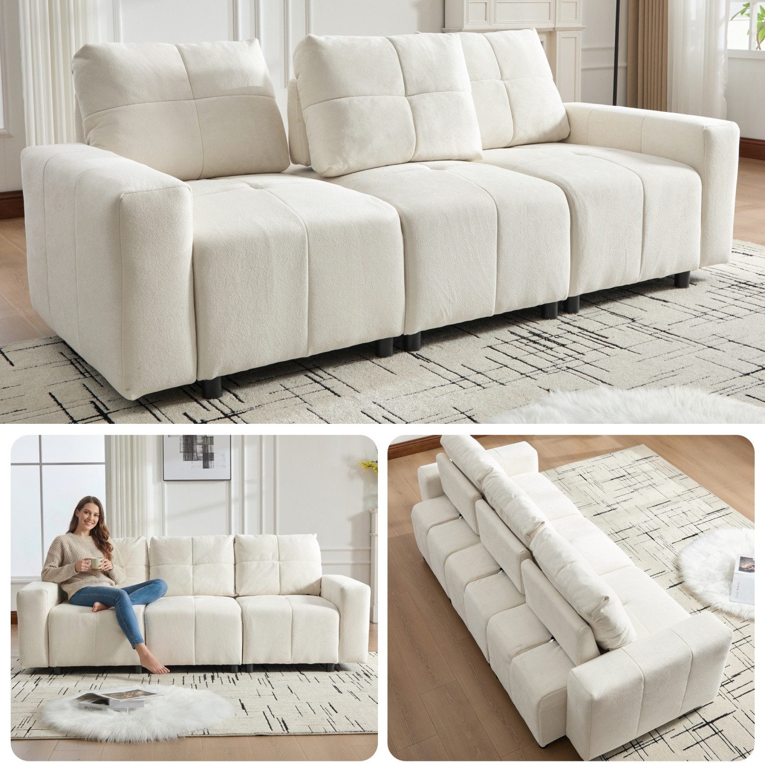 ANYSUN 3-Sitzer Sofas wohnzimmer Loungesofa,Modulsofa mit Schlaffunktion, 213 cm Chenille Sofa mit Liegen,Sitztiefe von bis zu 68 cm, verstellbare Sitztiefe, kompaktes gerades Sofa,Geeignet für Wohnungen