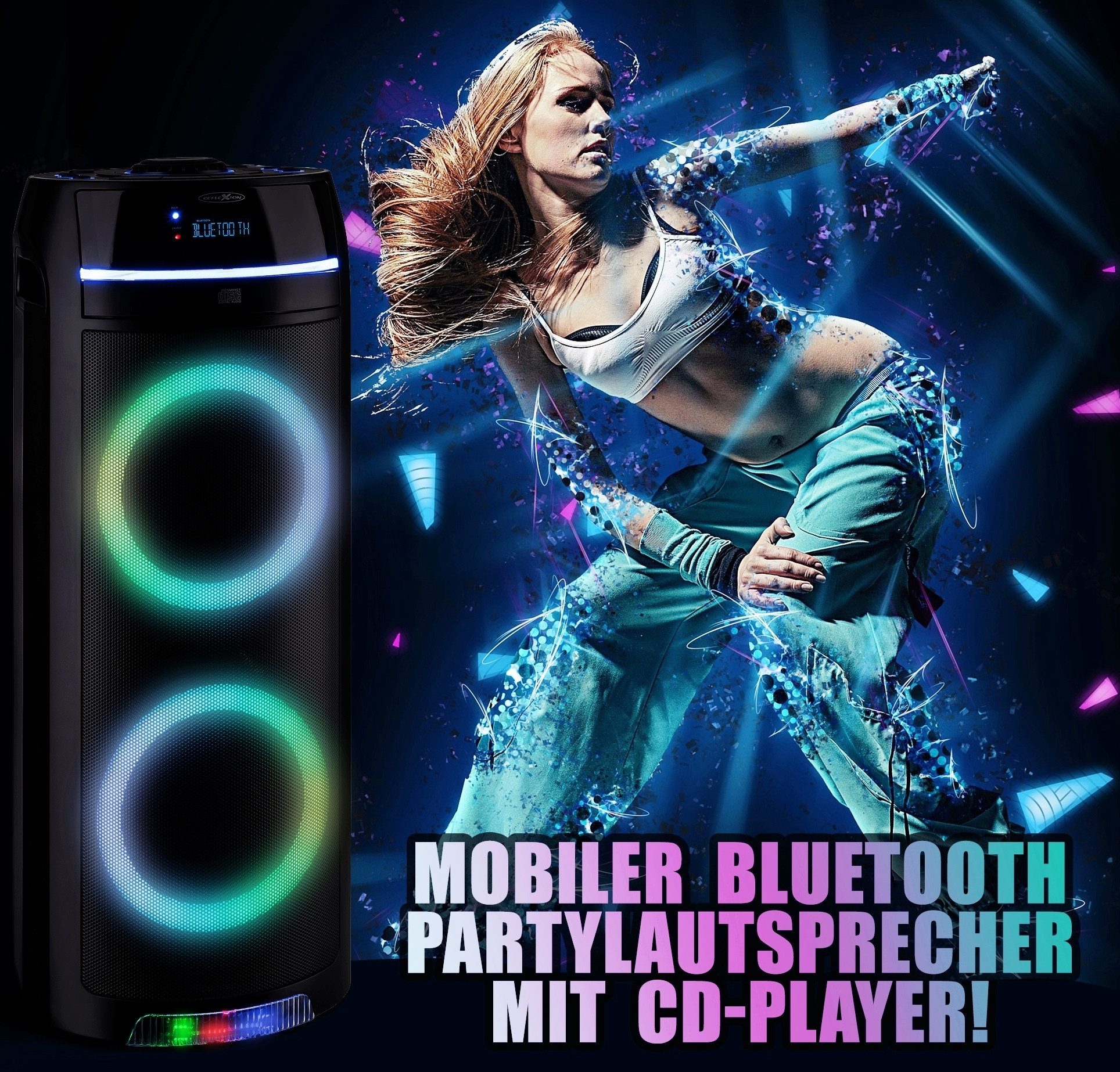 Reflexion PS10BTCD mit eingebauten CD-Player und XMR Bass Technology! Party-Lautsprecher (Bluetooth, 480 W, Bluetooth, Radio, CD-Laufwerk, Disco-Licht Effekte, Super Bass-Taste)