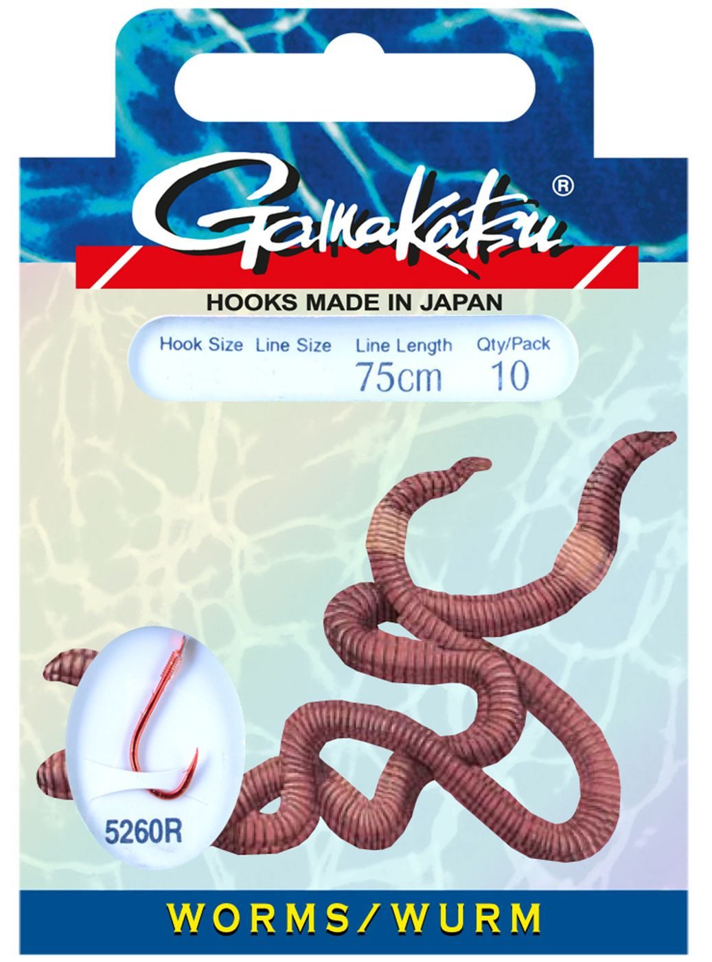 Gamakatsu Wurmhaken Gamakatsu Hook 5260R Worm 75cm rot - 10 gebundene Wurmhaken